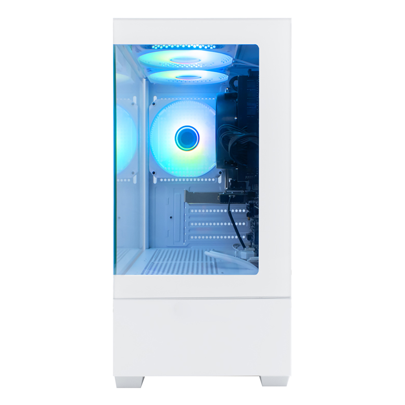 Carcasa de computadora blanca con panel de vidrio que muestra componentes internos, iluminados con luces azules y arcoíris.