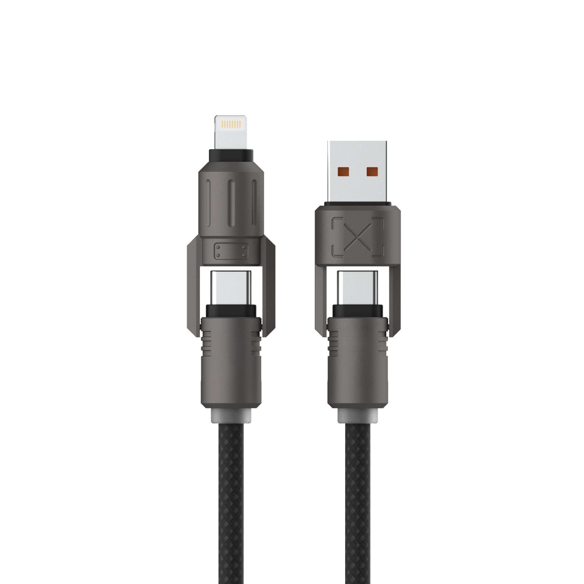 Dos cables de carga, uno con conector Lightning y otro con conector USB-A, ambos en gris y negro.