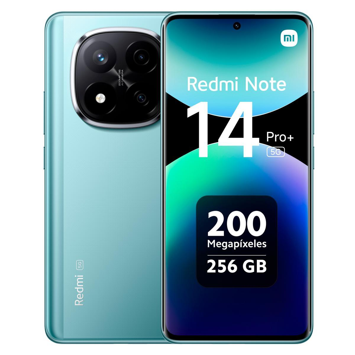 Turkusowy telefon Redmi Note 14 Pro+ 5G. Wyświetlacz pokazuje specyfikacje: 200 megapikseli, 256 GB. Tylny aparat ma wiele obiektywów.