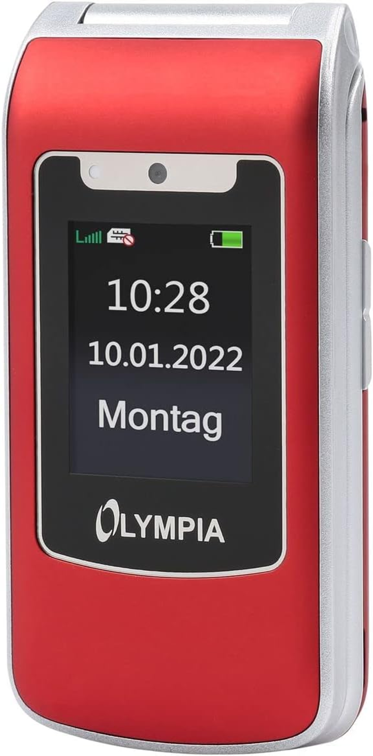 Ein rotes Olympia-Klapphandy zeigt Uhrzeit, Datum und Tag an. Der Bildschirm zeigt 10:28, 10.01.2022 und Montag.