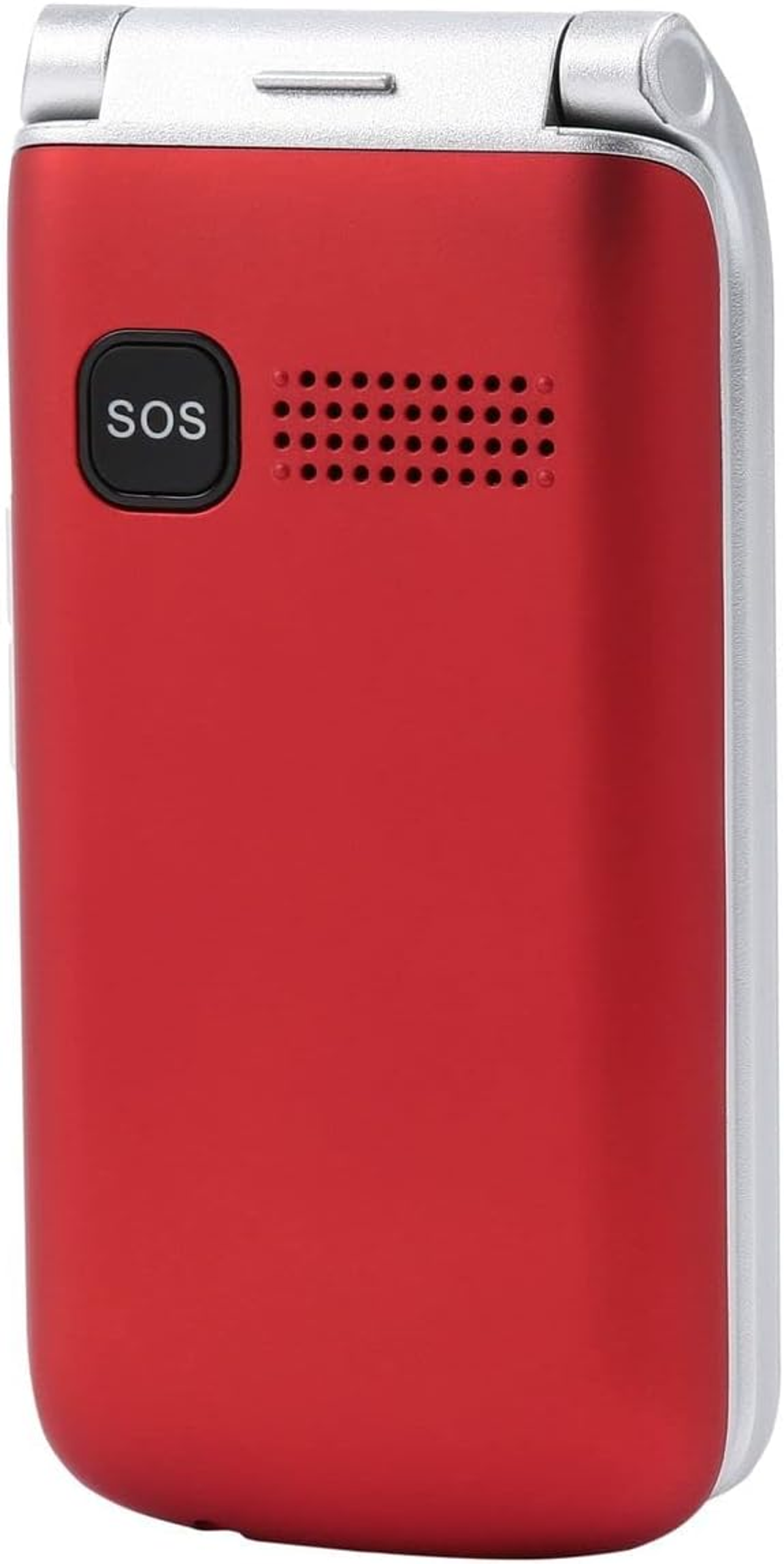 Ein rotes Klapphandy mit SOS-Taste, silbernem Oberteil und Lautsprecherlöchern. Das Telefon ist geschlossen.