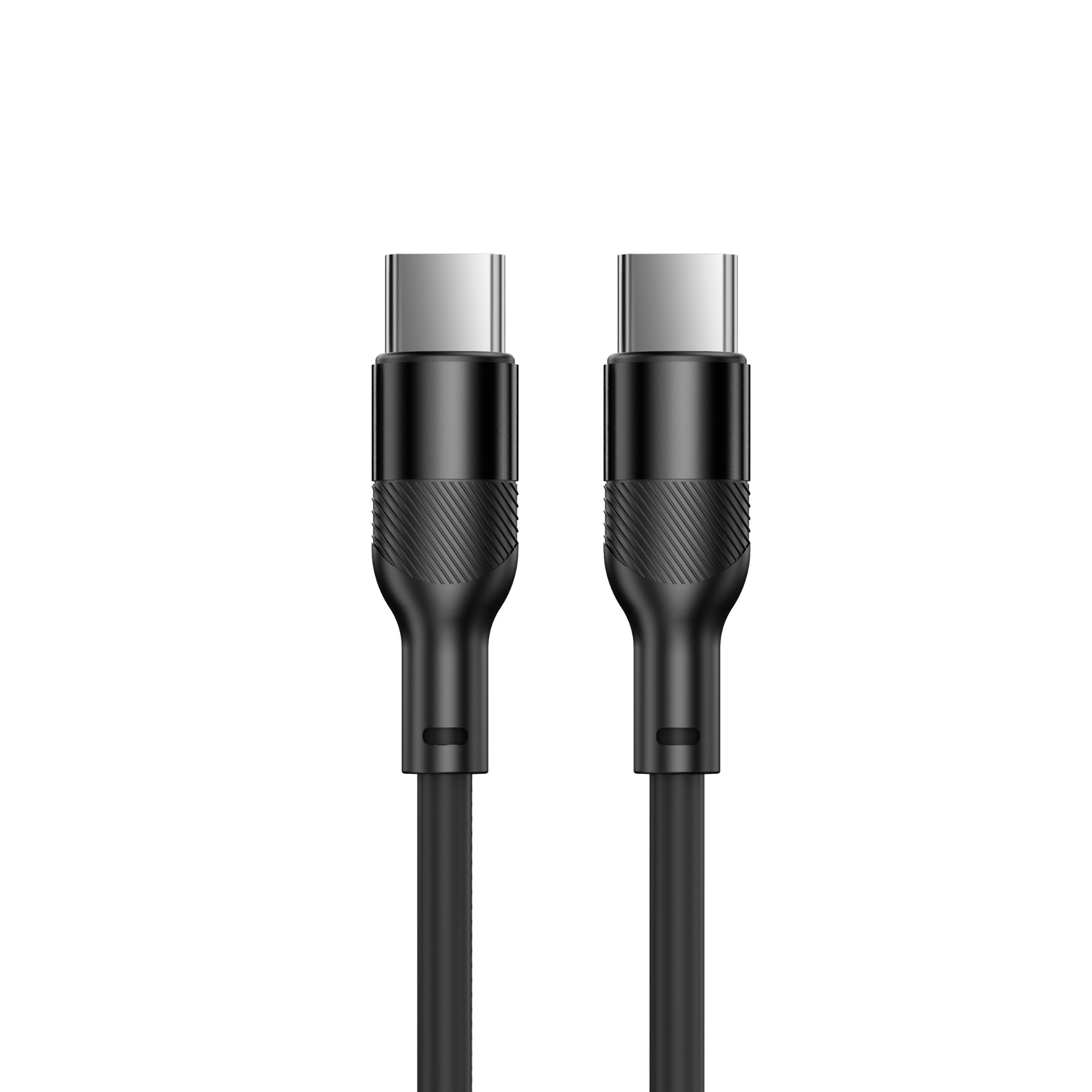 Zwei schwarze USB-C-Kabel, Stecker nach oben, vor weißem Hintergrund. Jeder hat einen silbernen Stecker.