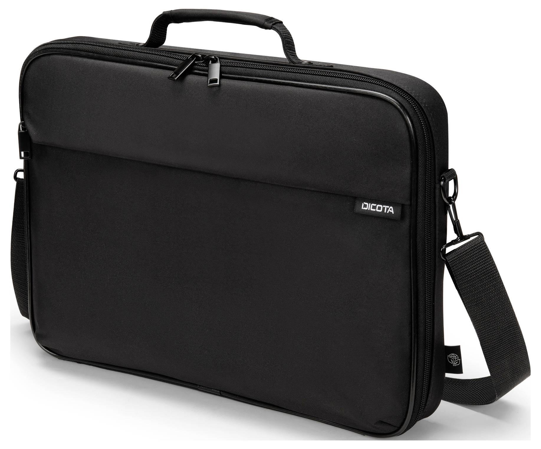 Una borsa per laptop Dicota nera con manico, tracolla e chiusura a zip. La borsa è su sfondo bianco.