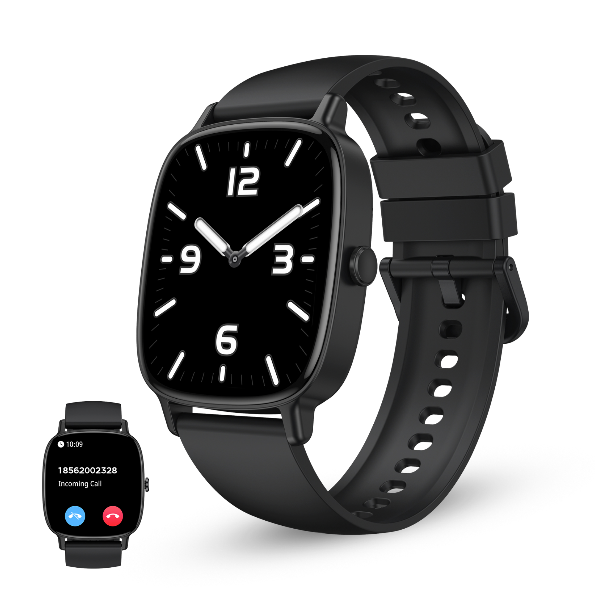 Smartwatch nero che mostra l'ora e una chiamata in arrivo. Mostra il numero 18562002328 e le opzioni per rispondere o rifiutare.