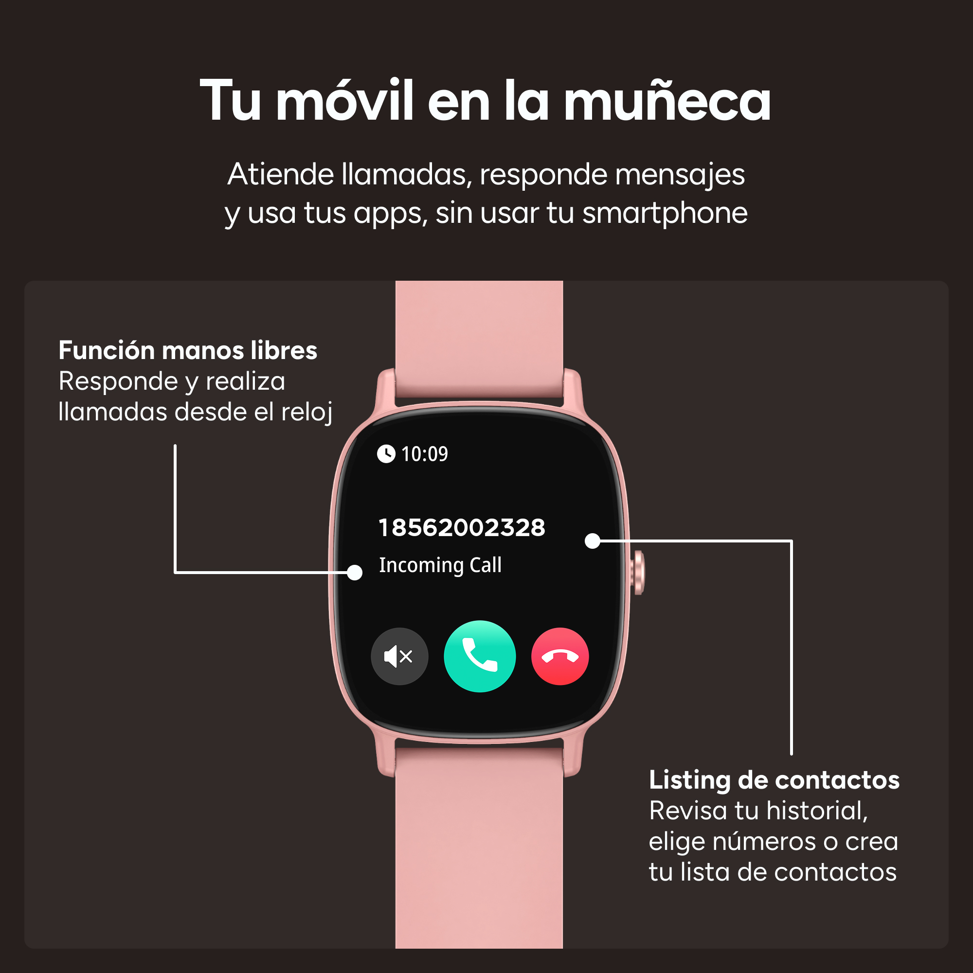 Eine rosa Smartwatch zeigt einen eingehenden Anruf an. Die Uhr befindet sich auf braunem Hintergrund.