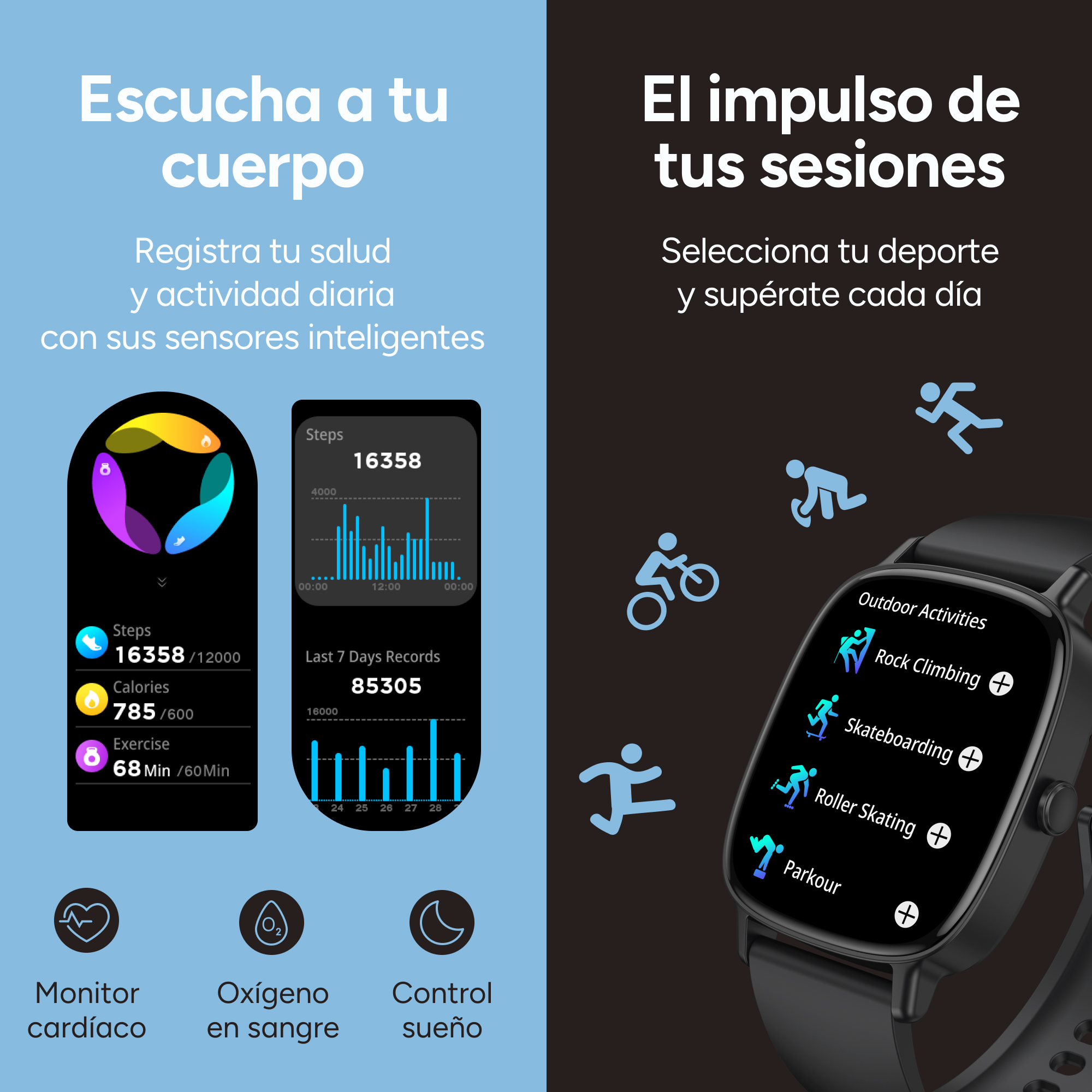 Smartwatch zeigt Gesundheitsdaten an: Schritte, Kalorien, Training und Outdoor-Aktivitäten wie Klettern und Skateboarden.