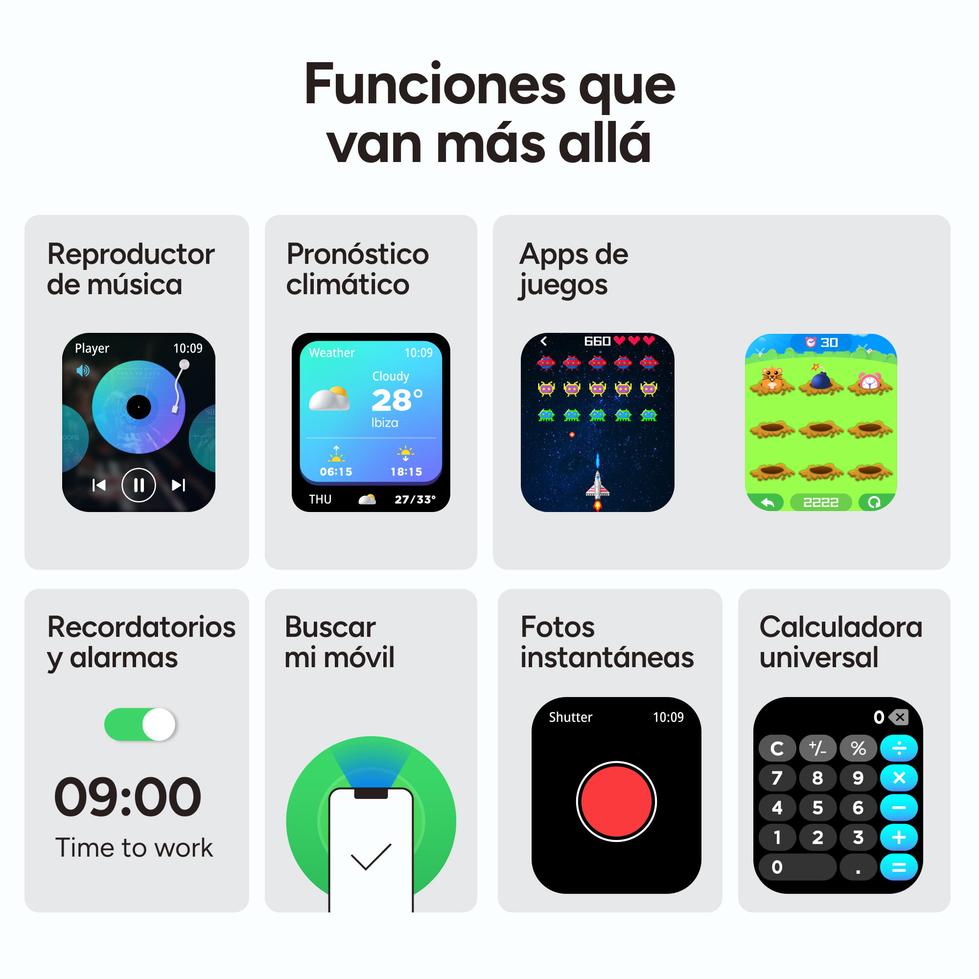 Benutzeroberfläche mit Musikplayer, Wetter, Spielen, Erinnerungen, Telefonfinder, Kamera und Rechner-Apps.