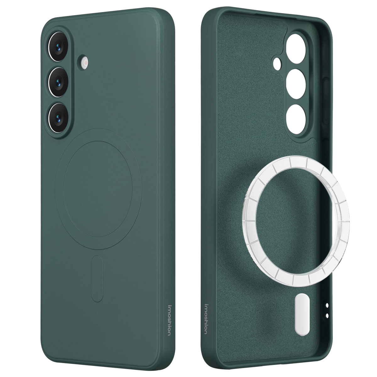 Twee groene telefoonhoesjes. Eén toont de achterkant met camera-uitsparingen en een cirkelvormig ontwerp. De andere toont de binnenkant met een witte ring.