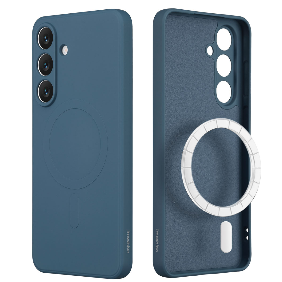 Twee teal telefoonhoesjes. Eén toont de buitenkant met camera's, de ander de binnenkant met een witte magnetische ring.