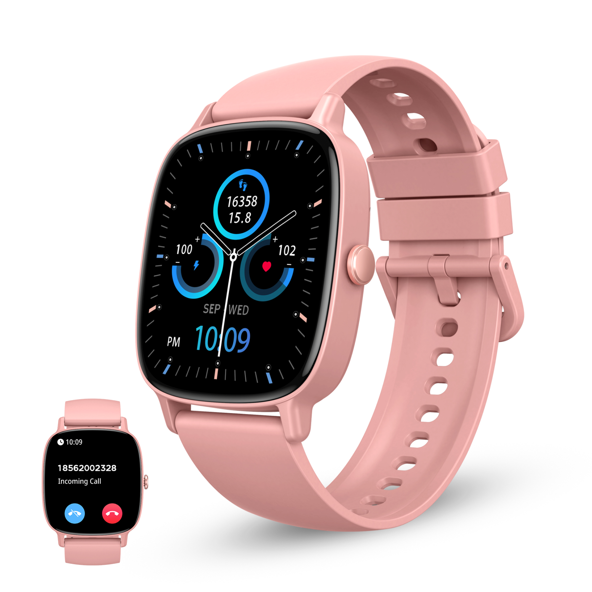 Smartwatch rosa con schermo nero che mostra dati. Un orologio più piccolo mostra una chiamata in arrivo.