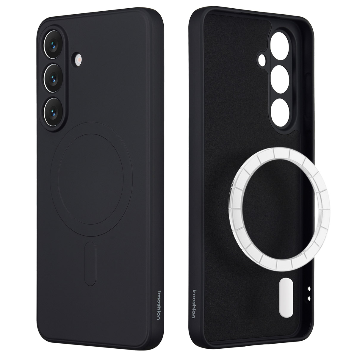 Deux coques de téléphone noires. L'une montre l'extérieur du téléphone avec des caméras et un design circulaire. L'autre montre l'intérieur avec un anneau blanc.