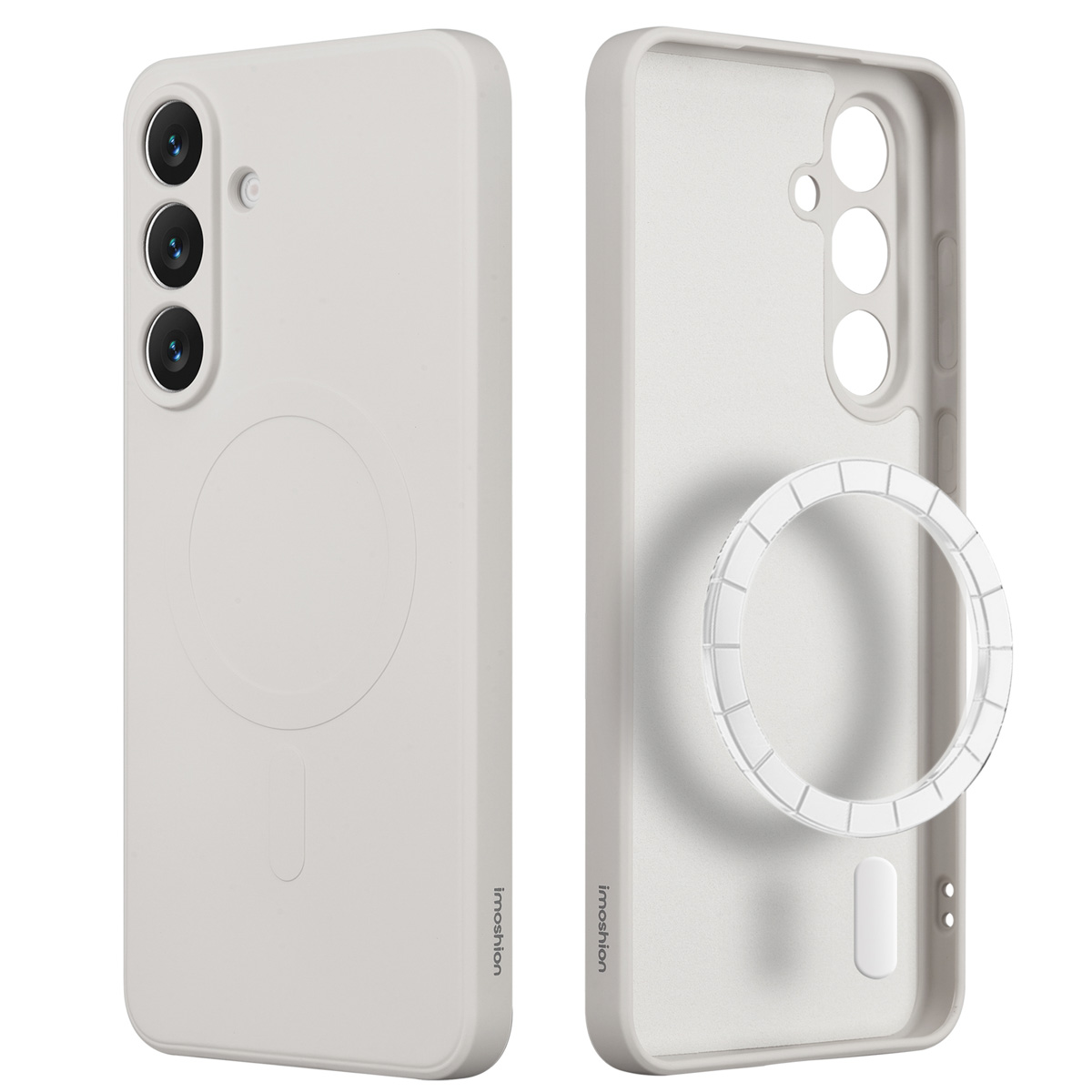 Twee witte telefoonhoesjes. Eén met camera's, de andere leeg met een doorzichtige ring. Beide hebben het woord 'imoshion'.