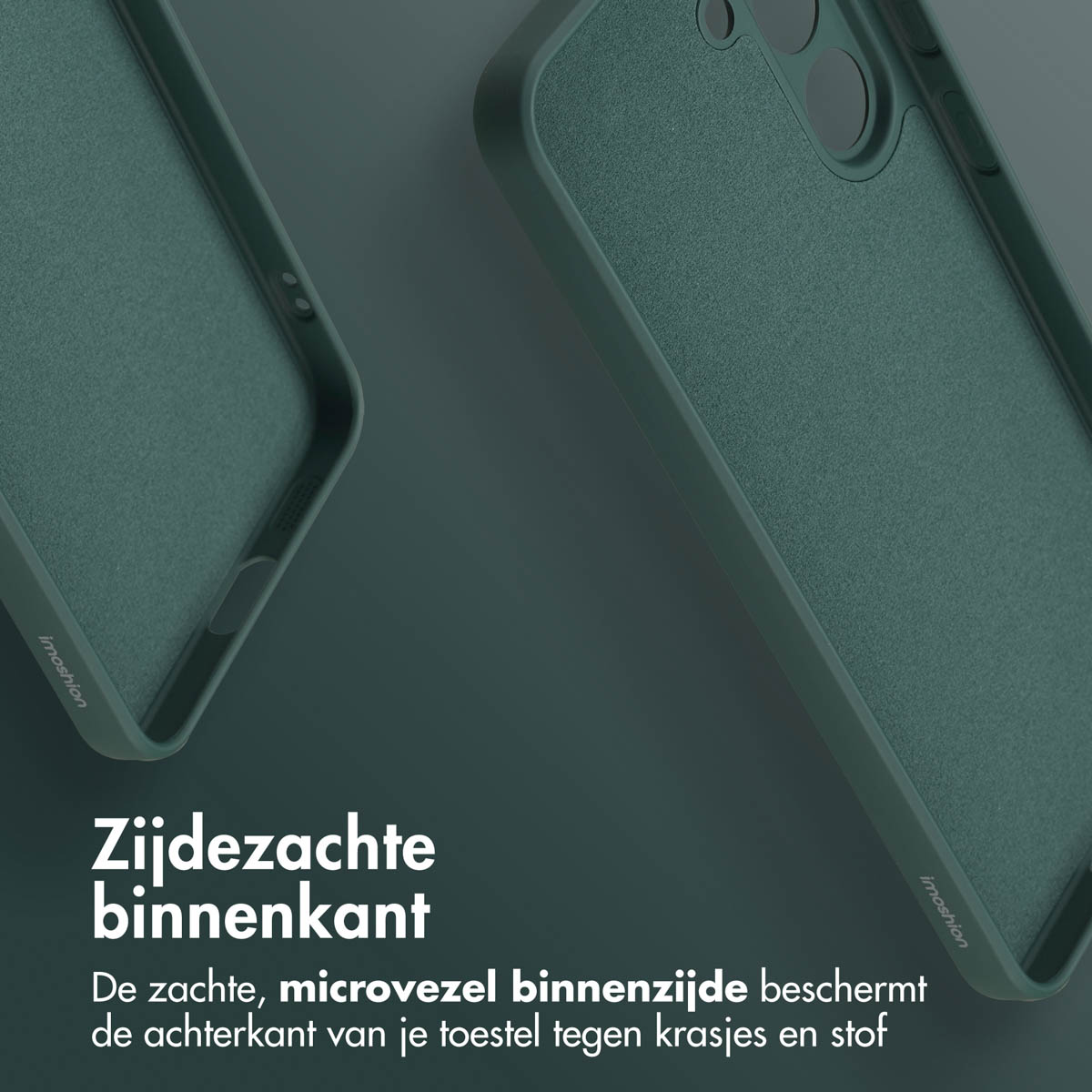 Twee teal telefoonhoesjes met zachte binnenvoering worden getoond tegen een teal achtergrond. Het merk 'imoshion' is zichtbaar.