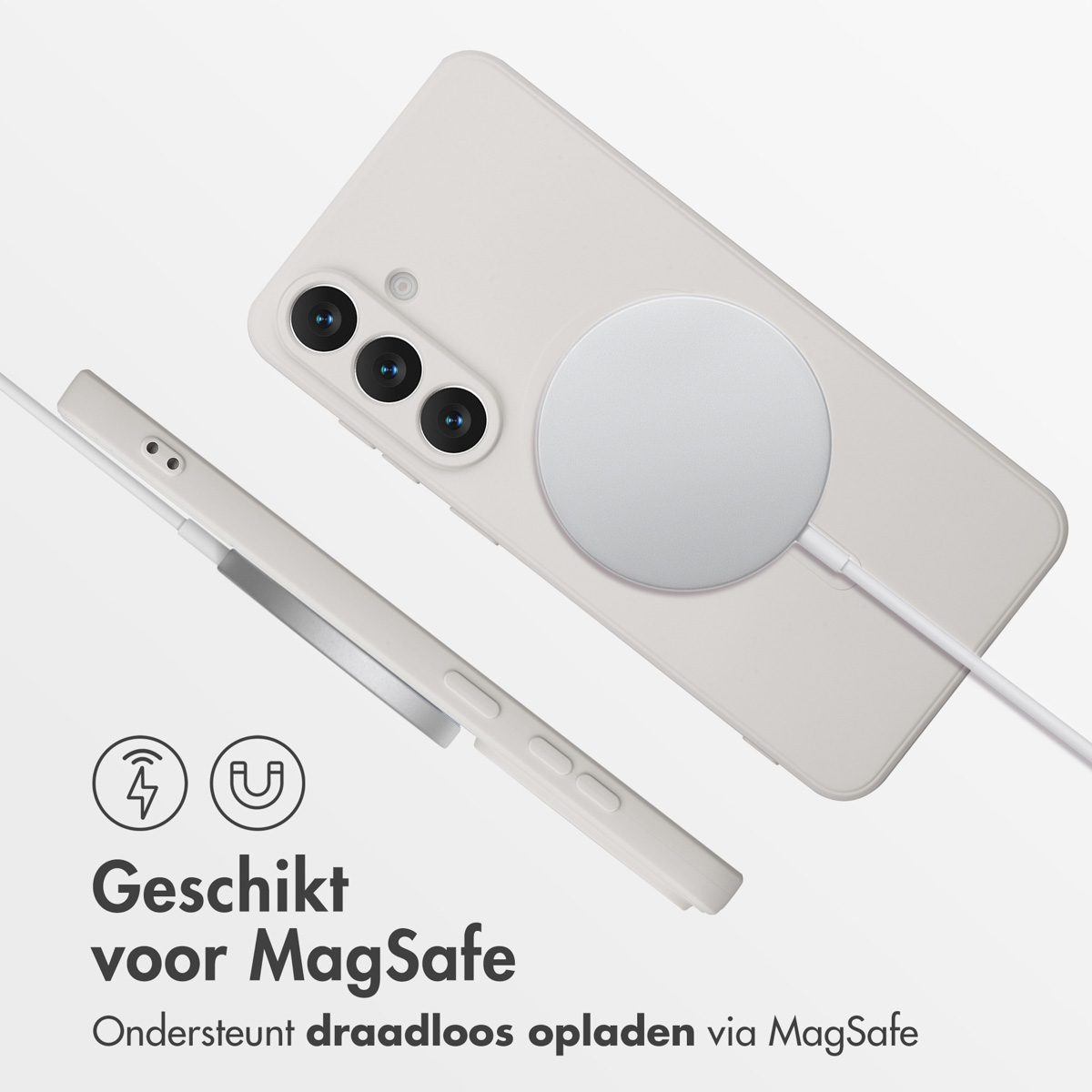 Een witte telefoon met MagSafe-oplader. De telefoonhoes en oplader zijn wit. De tekst onderaan luidt 'Geschikt voor MagSafe'.