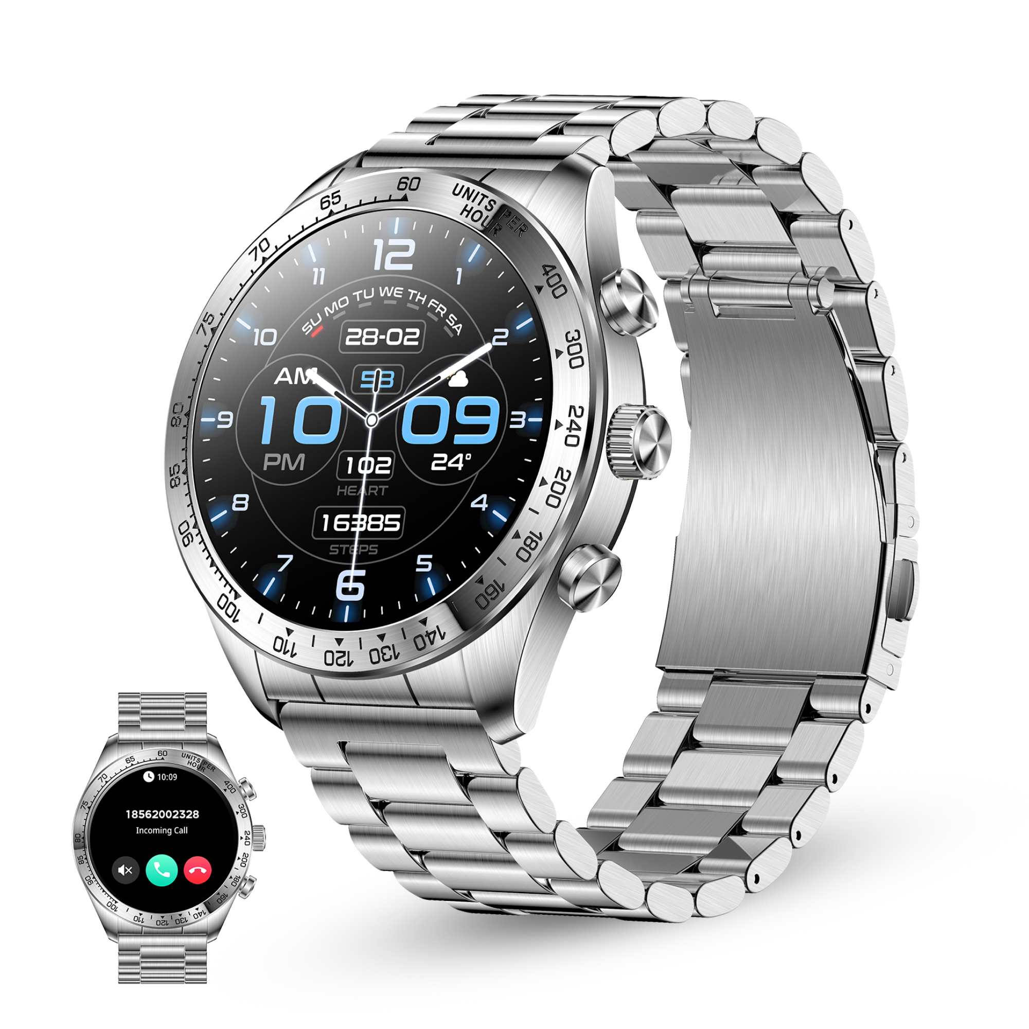 Eine silberne Smartwatch mit schwarzem Display, das Zeit und Gesundheitsdaten anzeigt, und eine kleinere Uhr mit einem eingehenden Anruf.