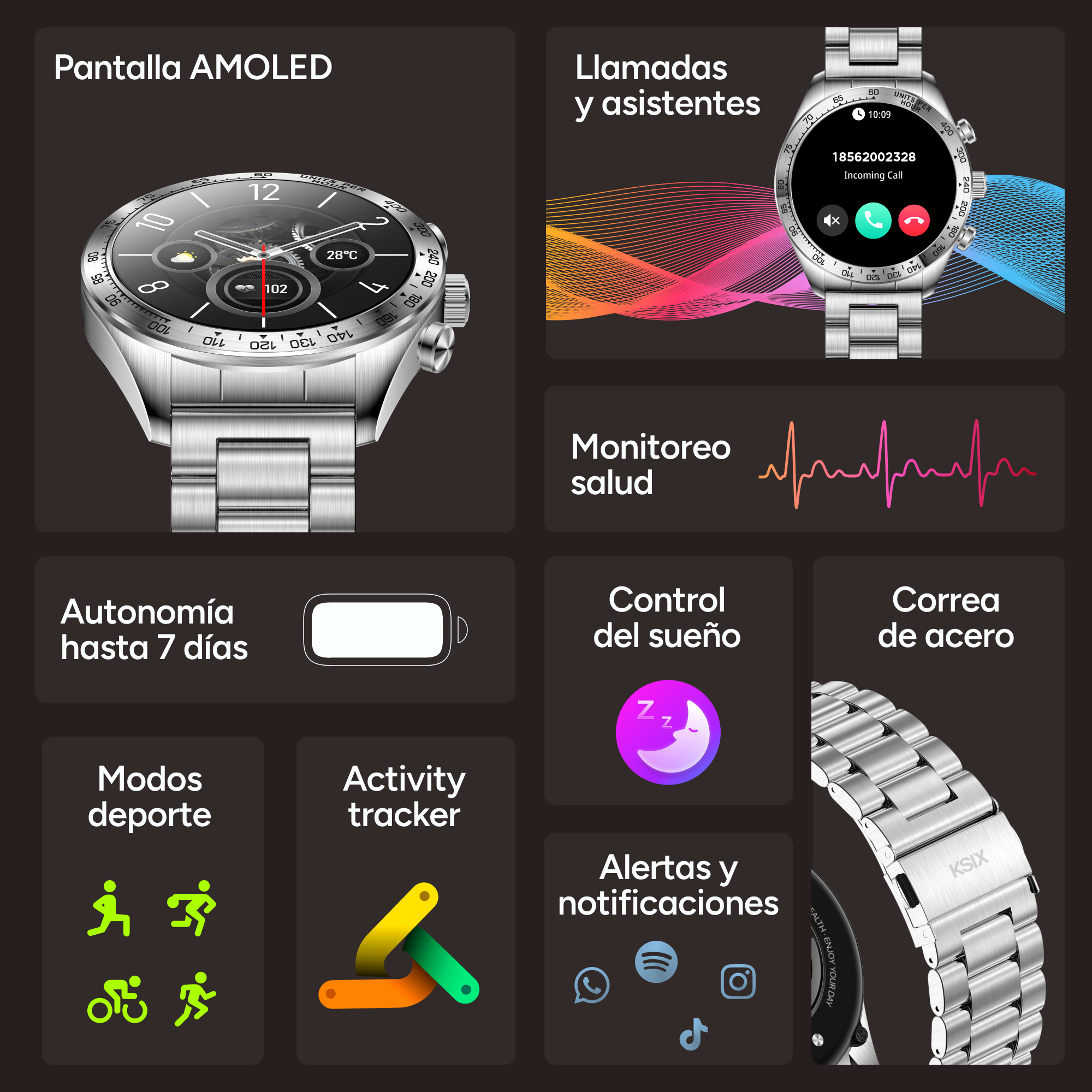 Smartwatch mit AMOLED-Bildschirm. Funktionen umfassen Anrufe, Gesundheitsüberwachung, Schlafkontrolle und Aktivitätsverfolgung. Metallarmband.