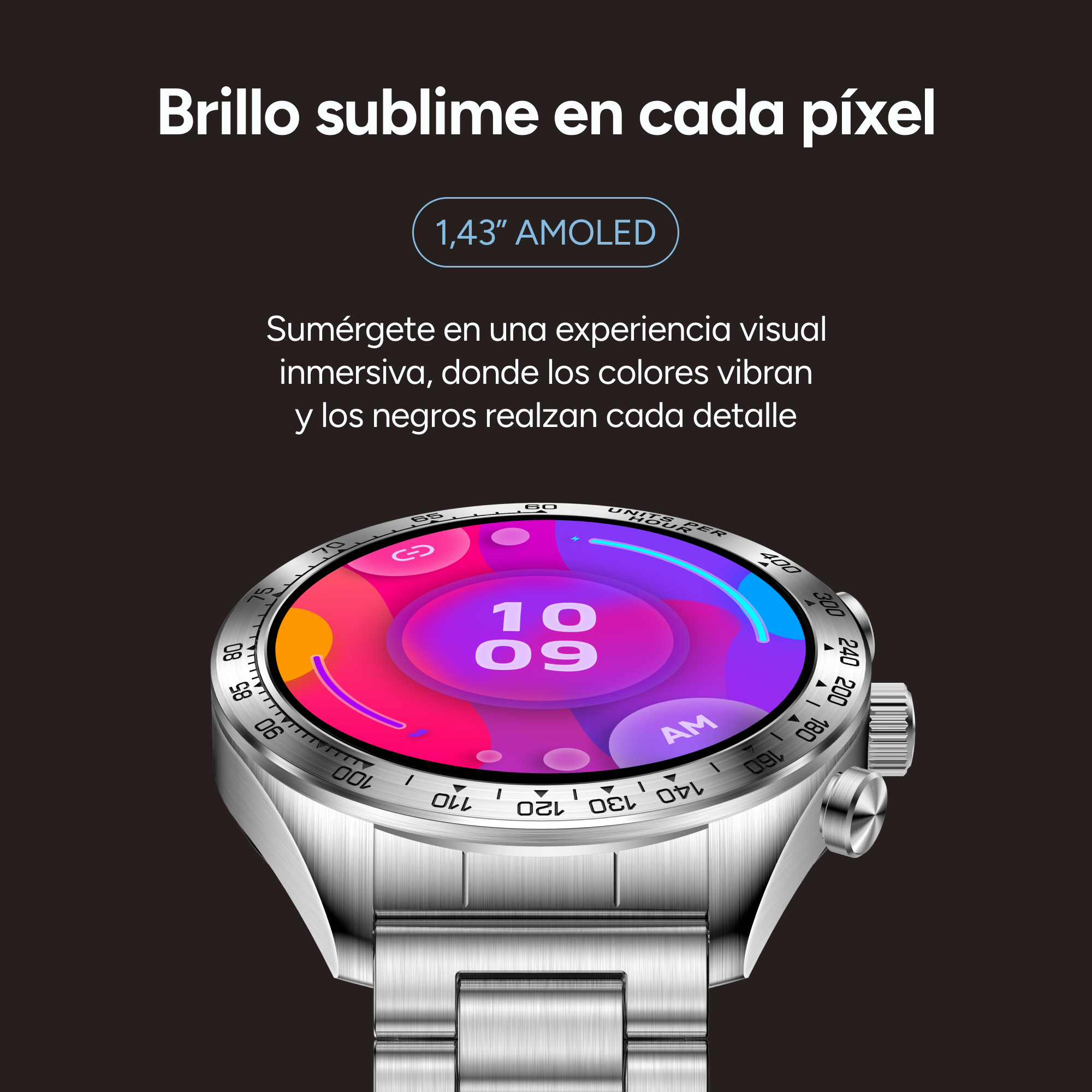 Silberne Smartwatch mit farbigem Bildschirm, der die Uhrzeit anzeigt. Dunkler Hintergrund mit Text zur Displayqualität.