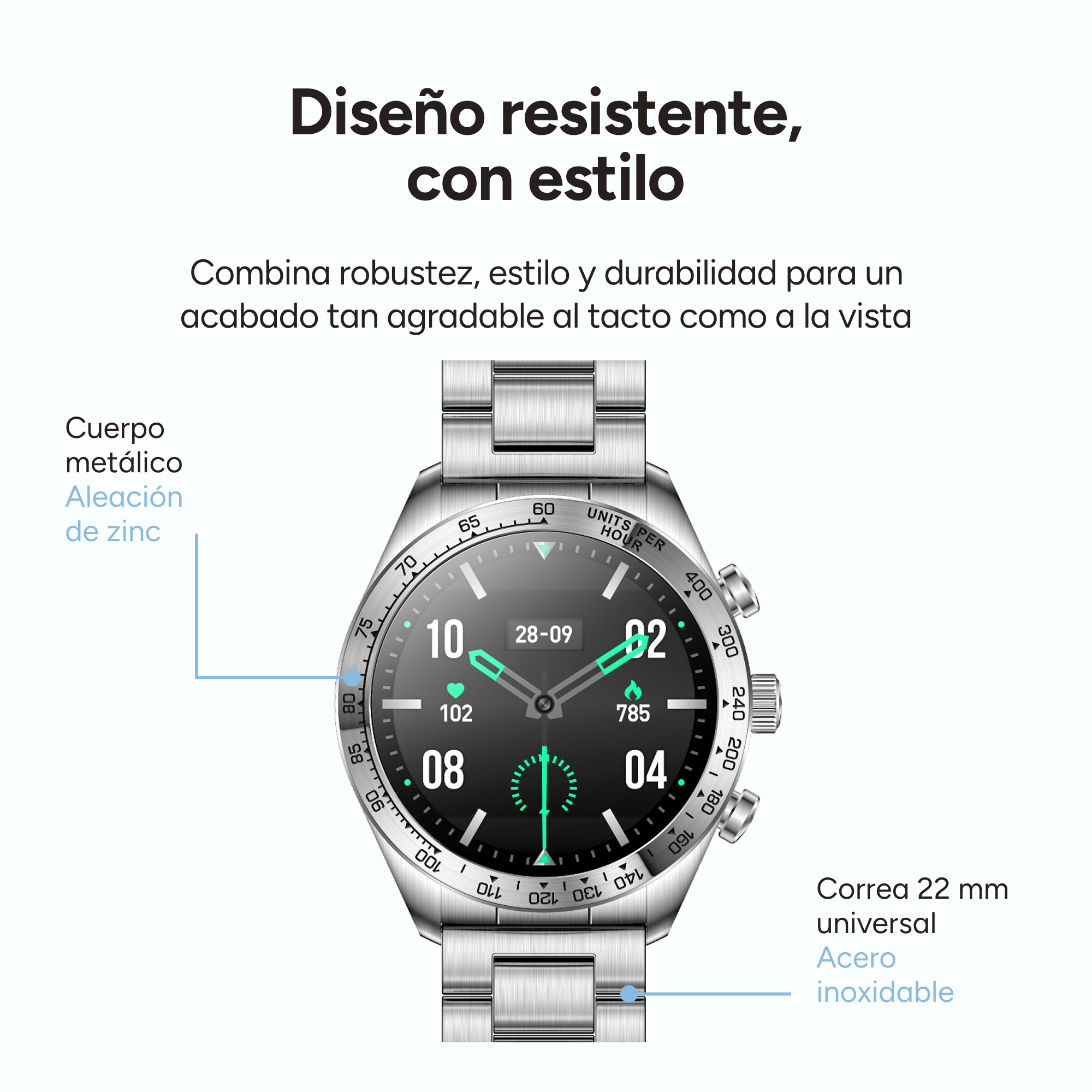 Silberne Smartwatch mit schwarzem Display, das Datum, Uhrzeit und Gesundheitsmetriken anzeigt, Text auf Spanisch.