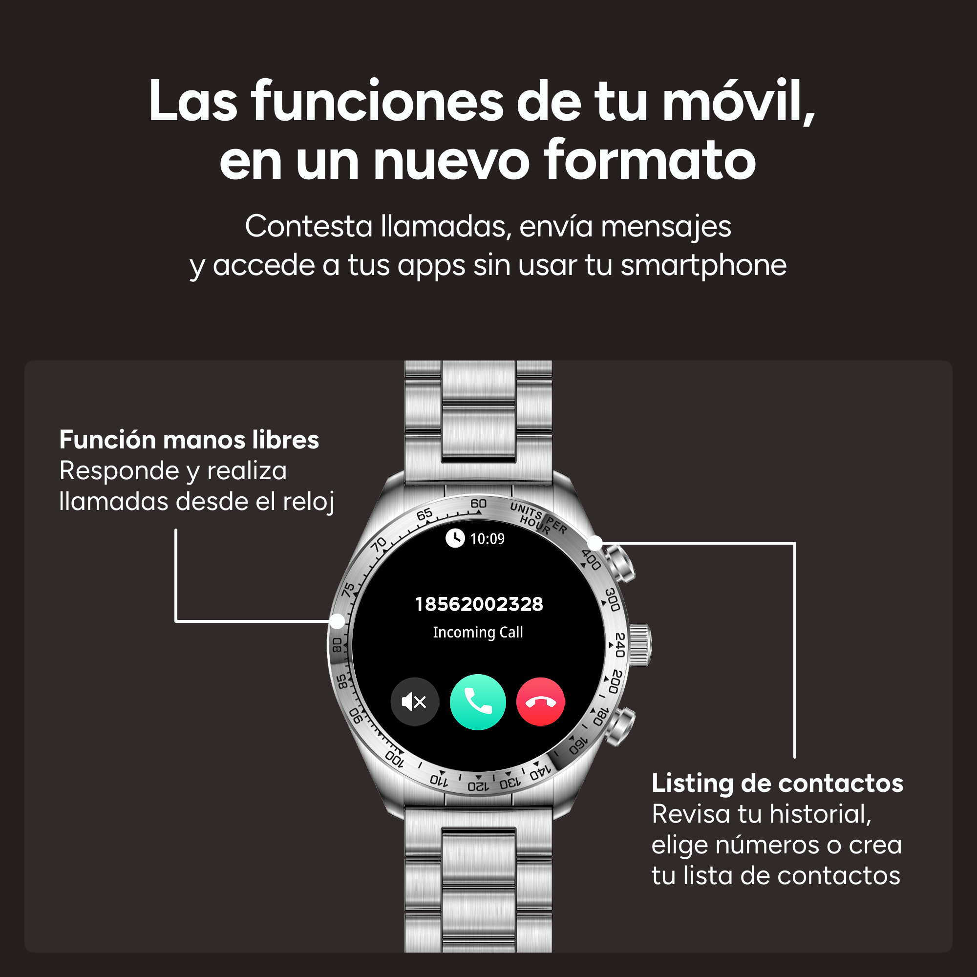 Smartwatch mit eingehendem Anruf, Nummer und Optionen zum Annehmen oder Ablehnen. Text auf Spanisch beschreibt Funktionen.