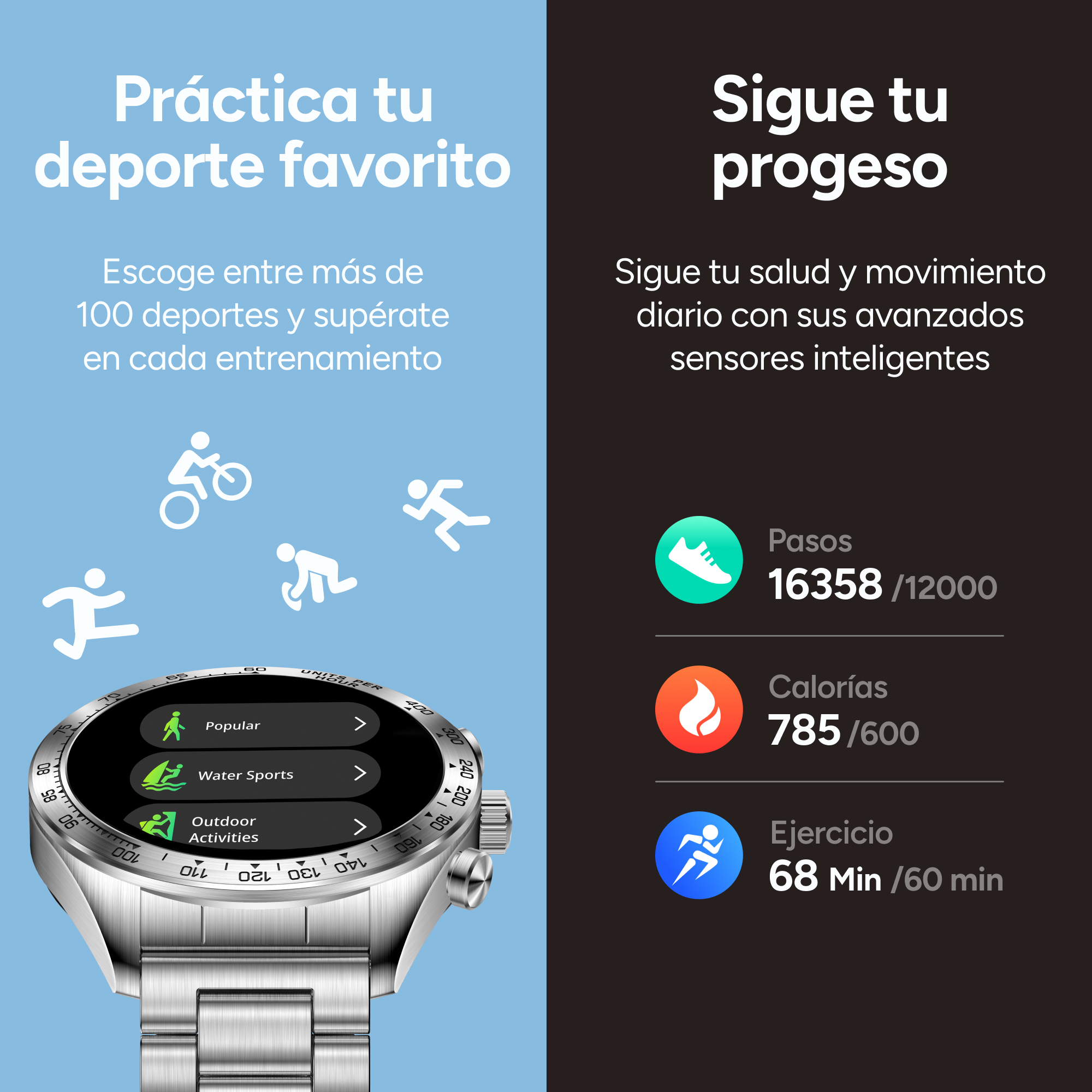 Eine Smartwatch zeigt Sportverfolgungsdaten an. Der Bildschirm zeigt Schritte, Kalorien und Trainingszeit. Text lautet: 'Üben Sie Ihren Lieblingssport'.