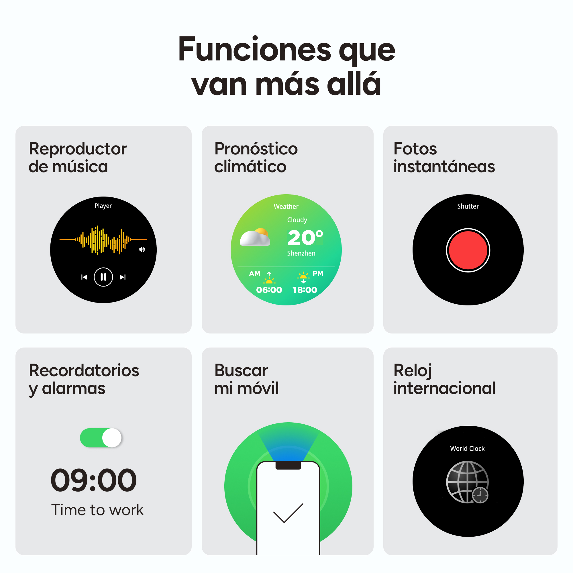 Das Bild zeigt Smartwatch-Funktionen: Musikplayer, Wetter, Kamera, Erinnerungen, Telefon suchen und Weltuhr, alles auf Spanisch.