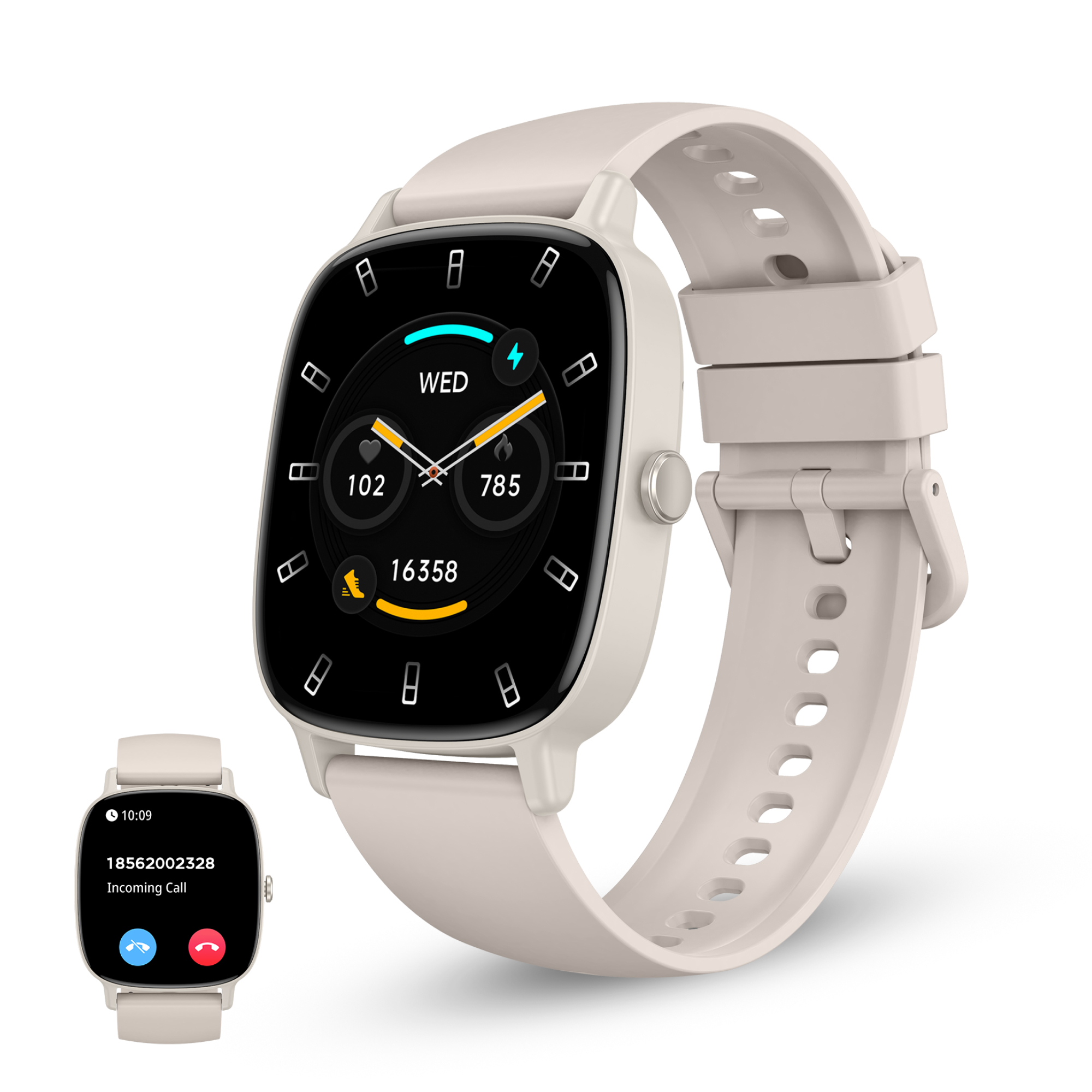 Eine beigefarbene Smartwatch zeigt Zeit, Gesundheitswerte und einen Bildschirm für eingehende Anrufe an.