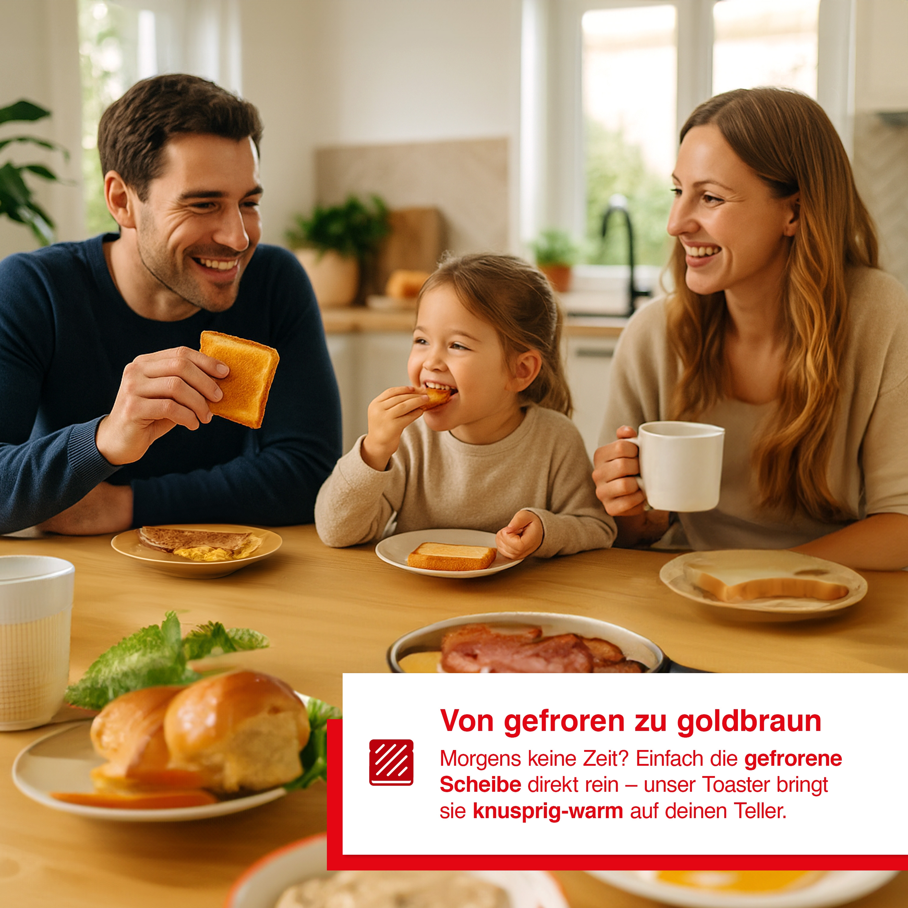 Rodzina przy śniadaniu. Tosty, jajka i bułki na stole. Reklama tostera.