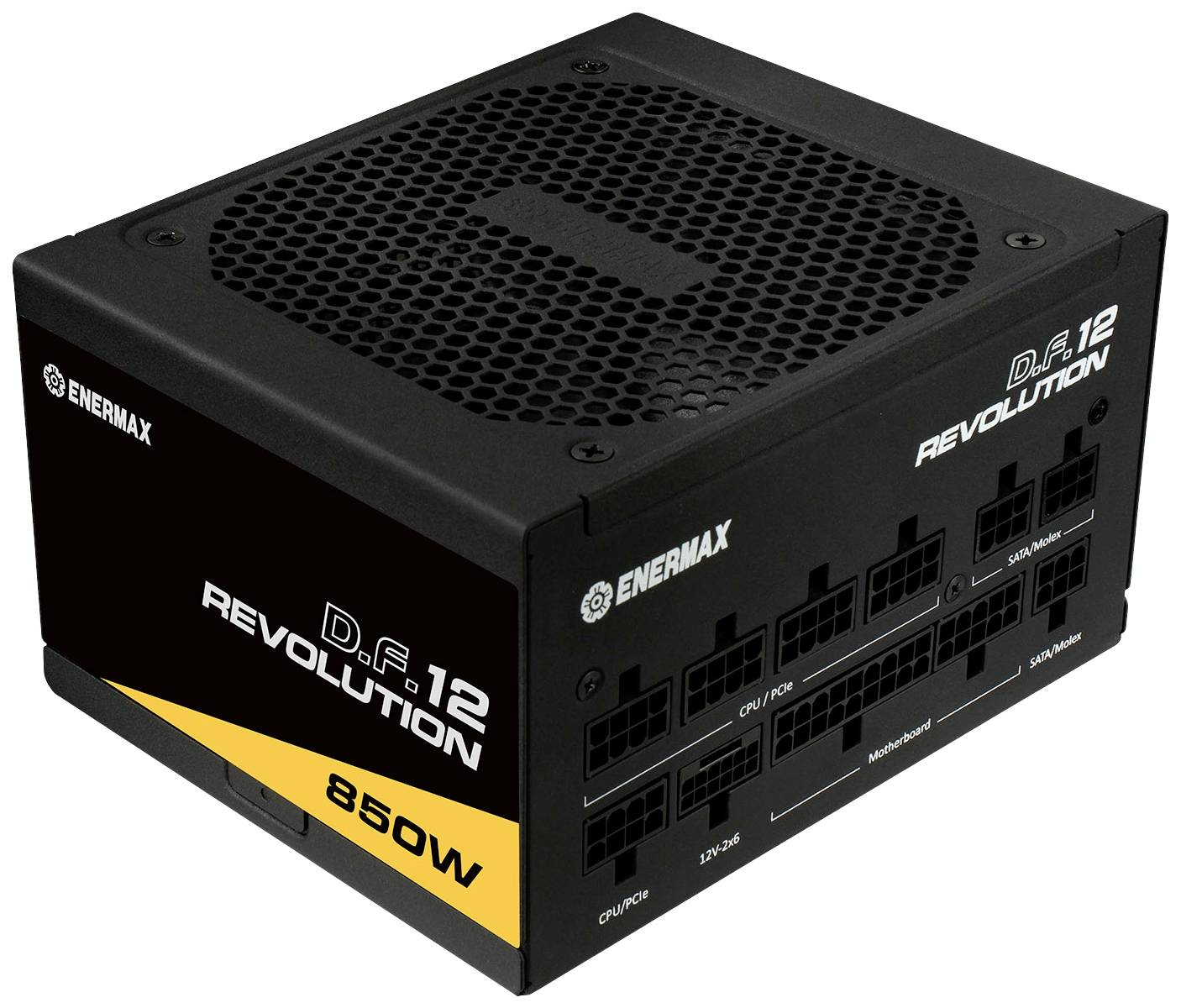 Czarny zasilacz Enermax D.F.12 Revolution 850W. Posiada wiele portów i górę w kształcie plastra miodu.