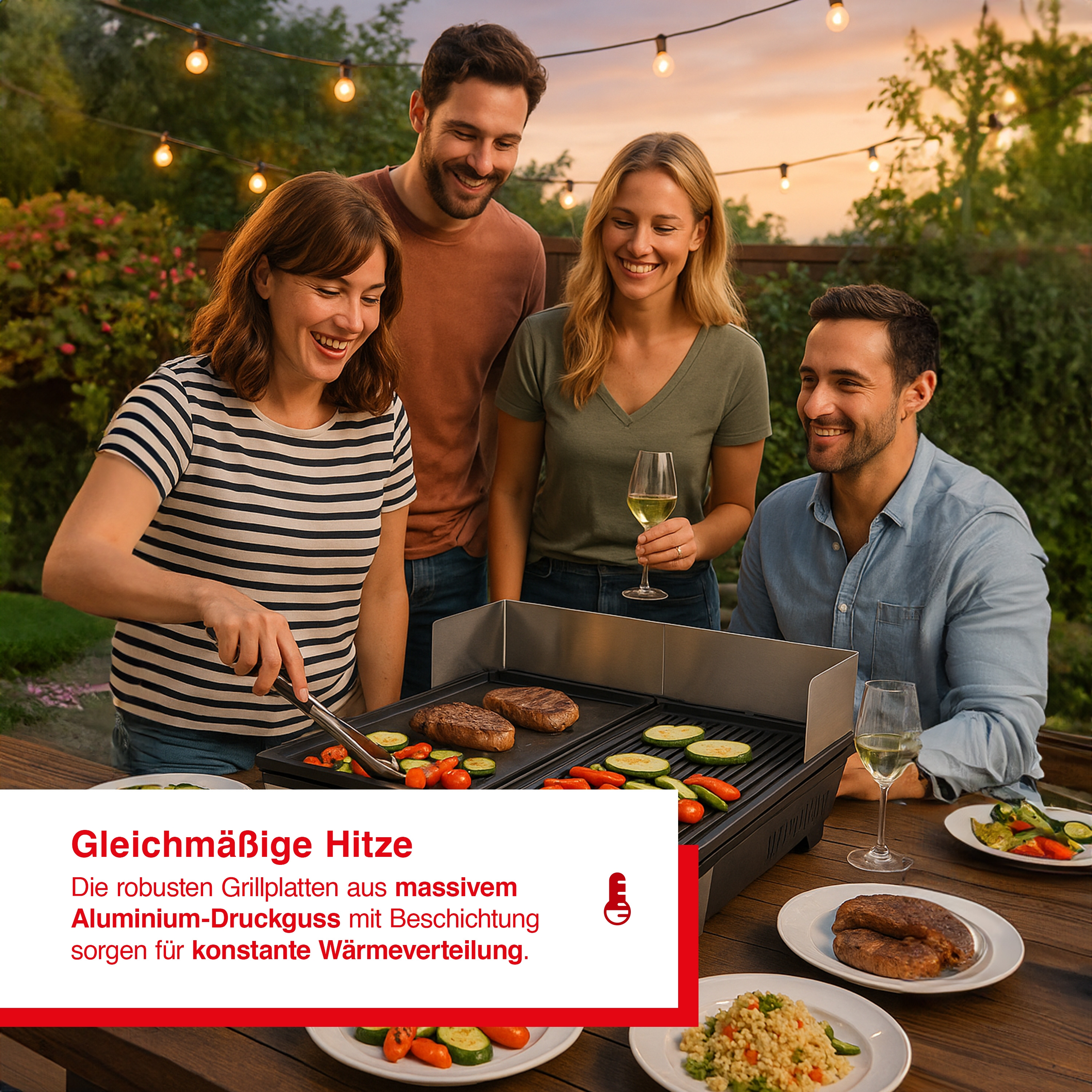 Vier mensen rond een grill met eten. Een vrouw gebruikt een tang. Steaks en groenten koken. Slingers hangen.