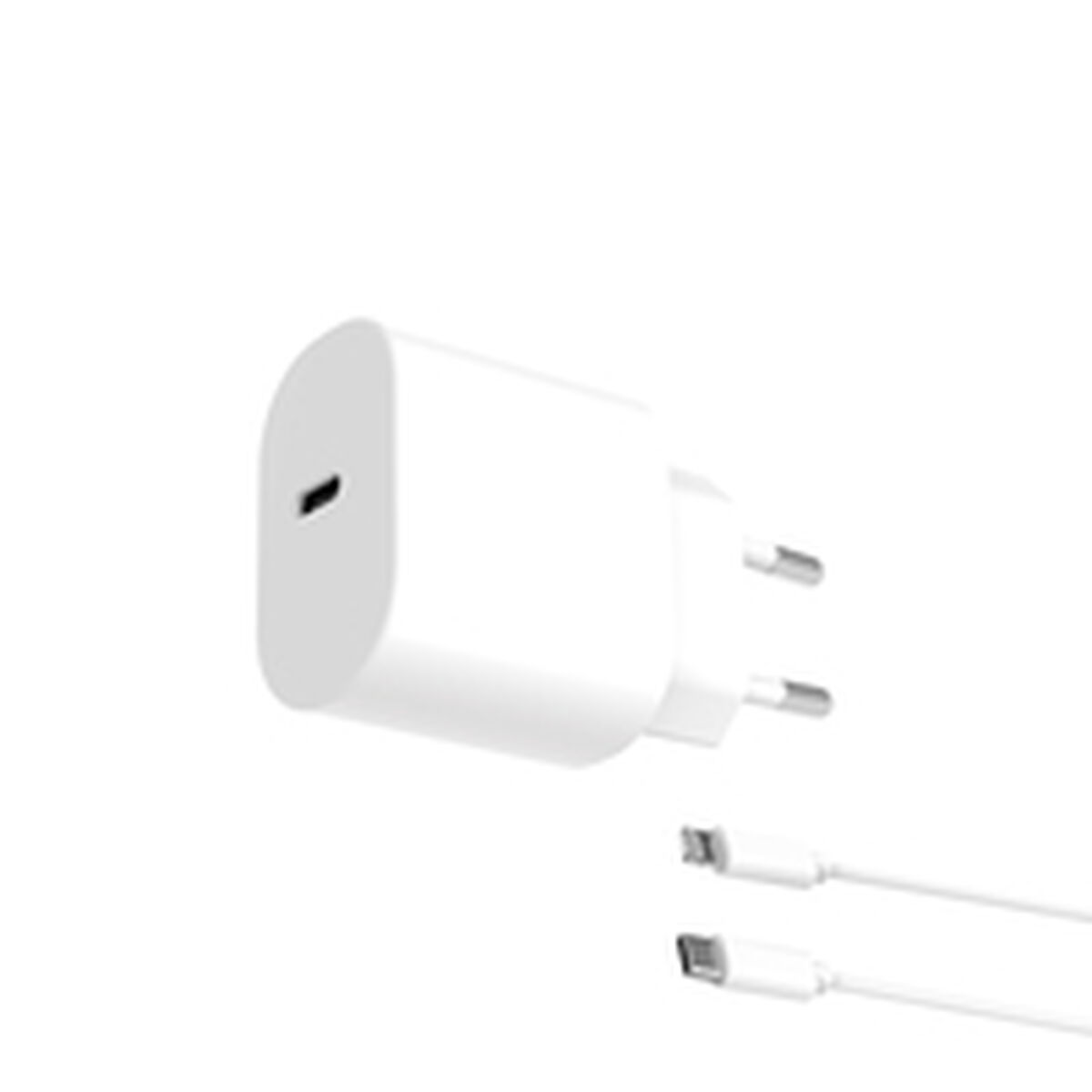 Un cargador de teléfono blanco con un puerto USB-C y dos cables USB-C blancos sobre un fondo blanco.