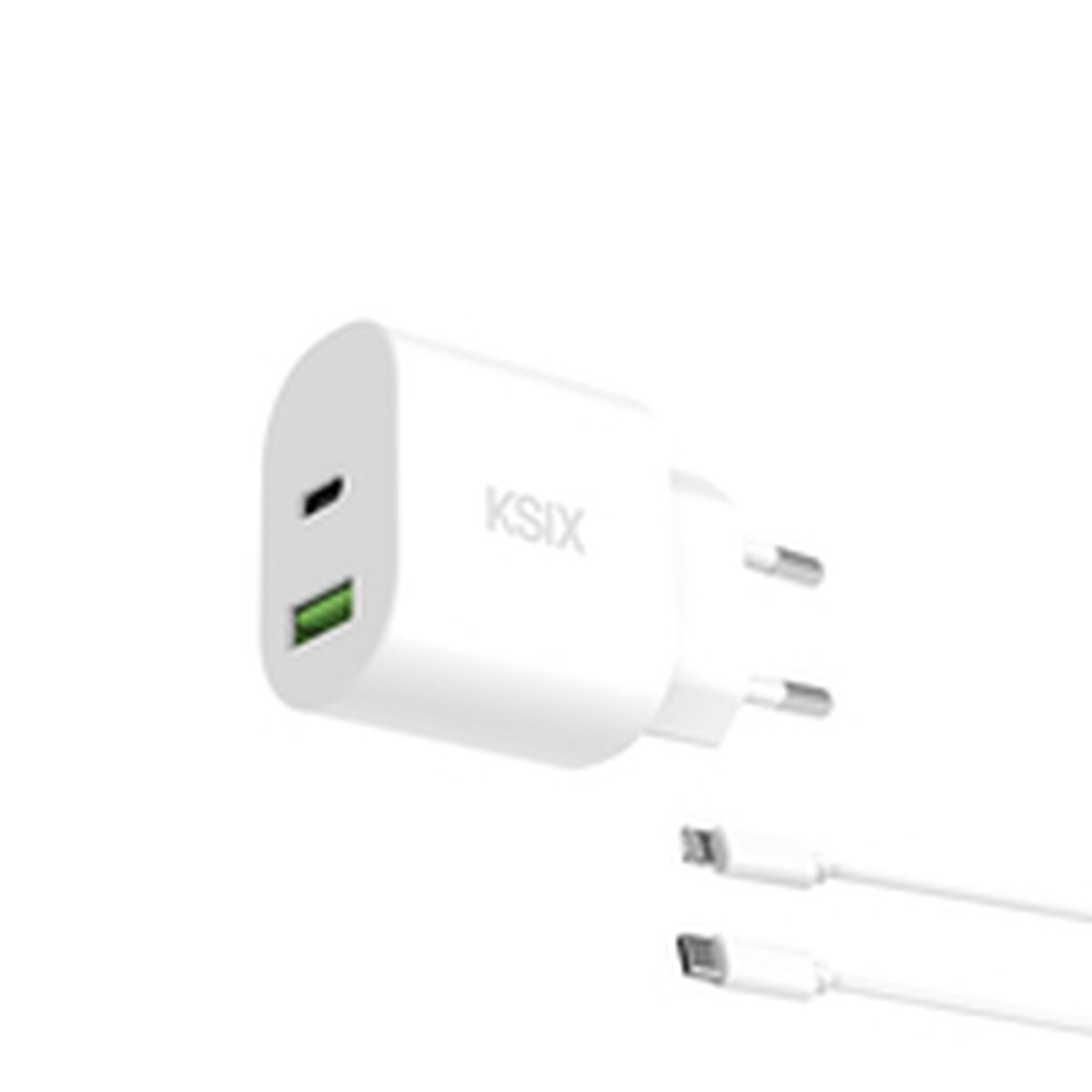 Un cargador KSIX blanco con dos puertos y dos cables de carga blancos sobre un fondo blanco.