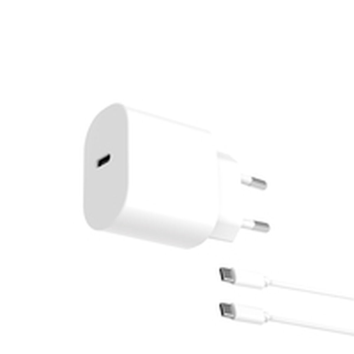 Un cargador de teléfono blanco con un enchufe de dos clavijas y dos cables USB-C blancos sobre un fondo blanco.
