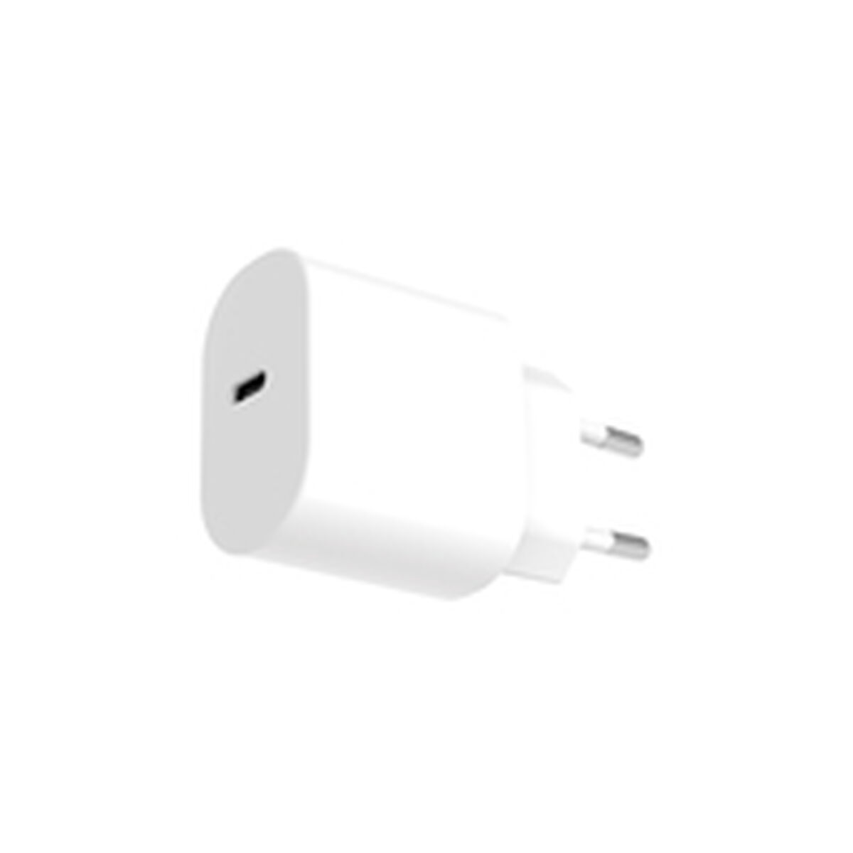 Un adaptador de carga blanco con puerto USB-C y dos clavijas metálicas para enchufar a la corriente, sobre fondo blanco.