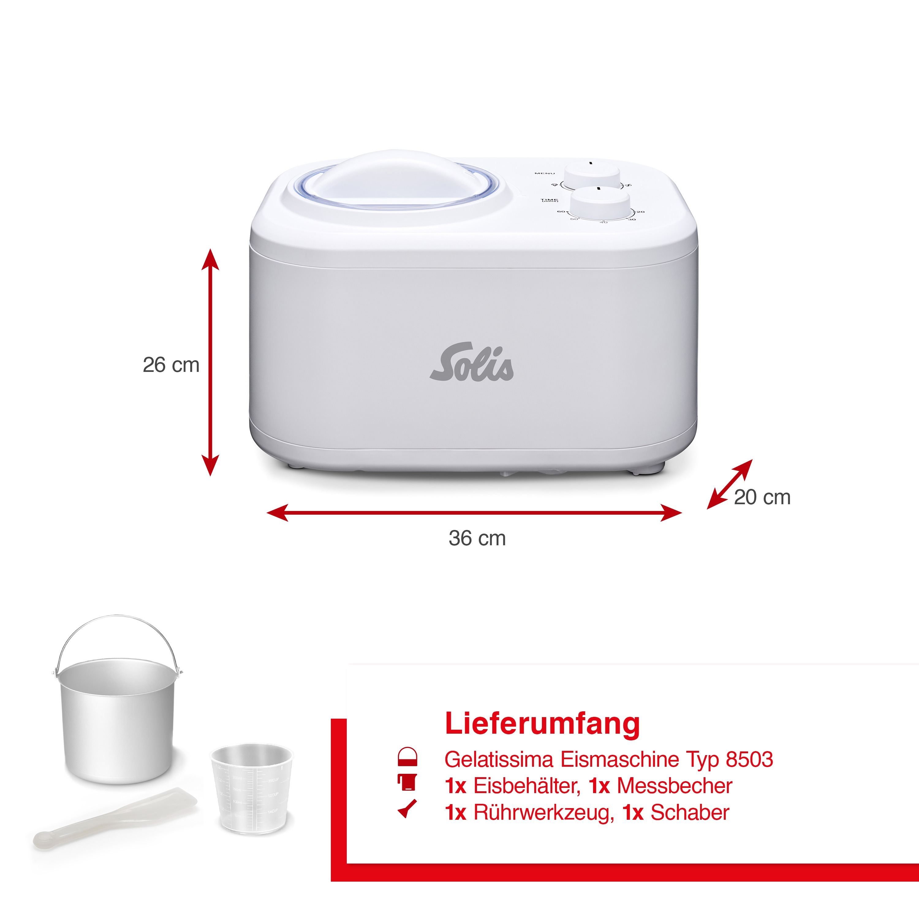 Eine weiße Eismaschine mit Maßen, Zubehör und einem Solis-Logo sind im Bild.