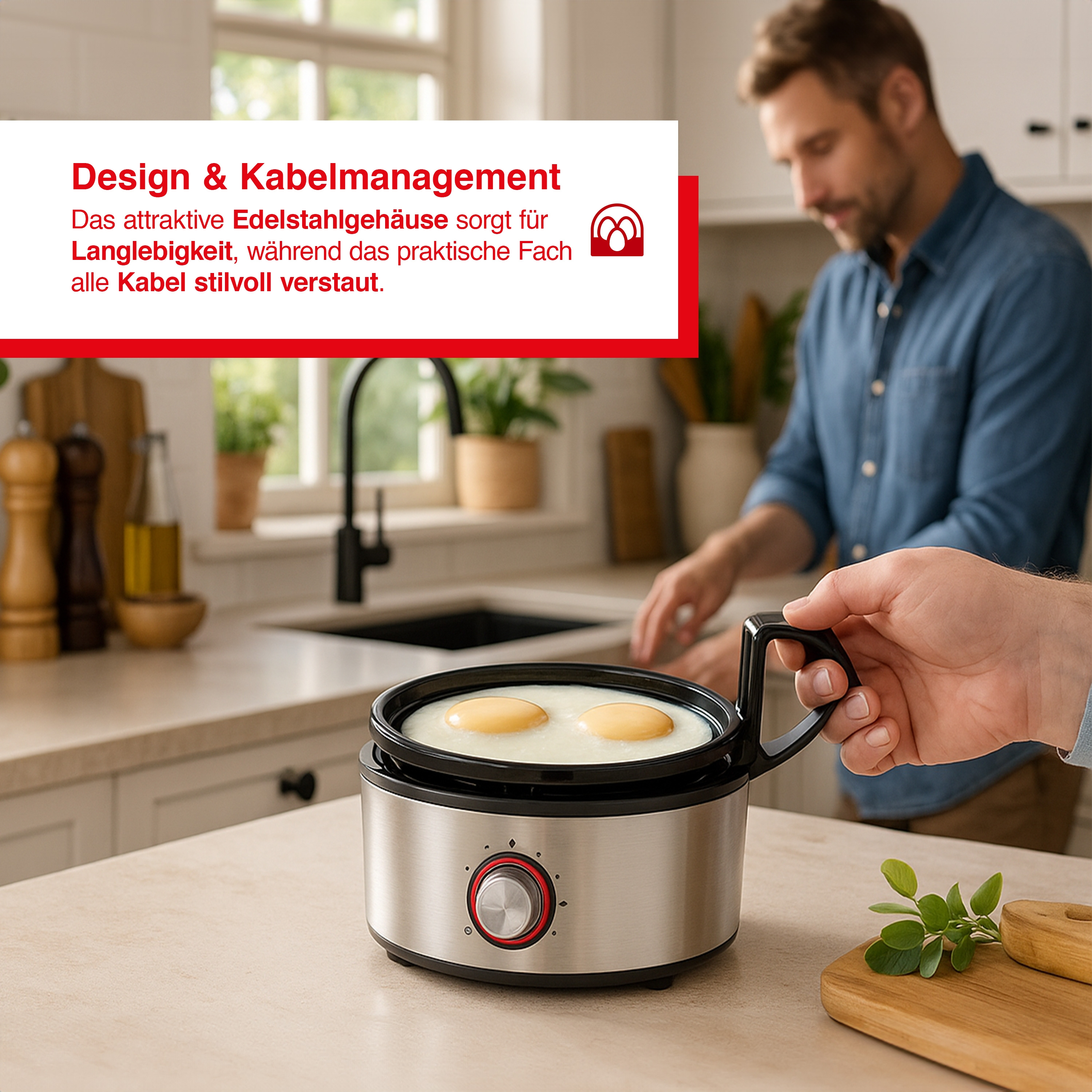 Osoba gotuje jajka w kuchni za pomocą urządzenia do gotowania jajek. Urządzenie jest srebrne z czarnym uchwytem.