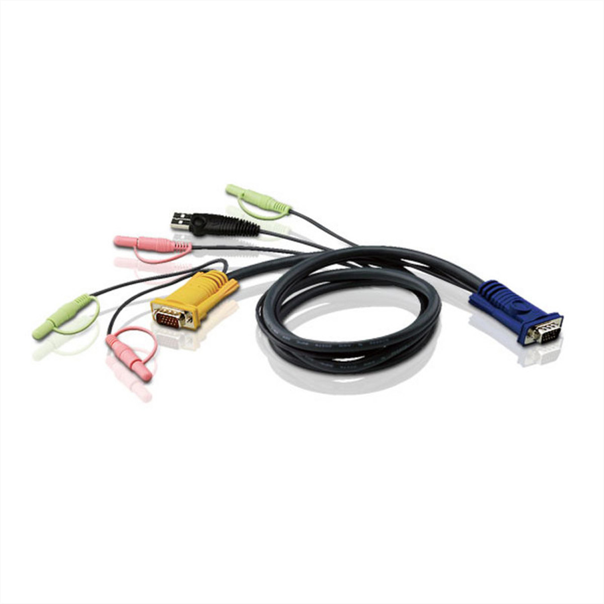 Vari cavi per computer colorati con connettori sono su una superficie bianca. I cavi sono neri, gialli, blu e jack audio colorati.