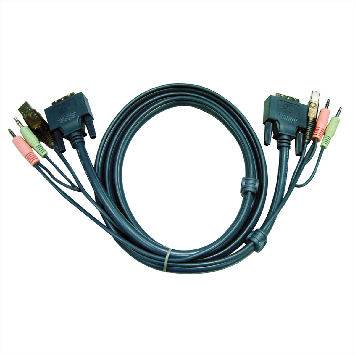 Un cavo blu scuro con più connettori. Include VGA, USB e jack audio rosa e verdi, disposti a forma circolare.