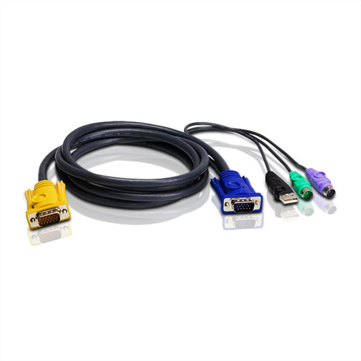 Un cavo per computer con connettori VGA gialli e blu, USB e PS/2. È su sfondo bianco.