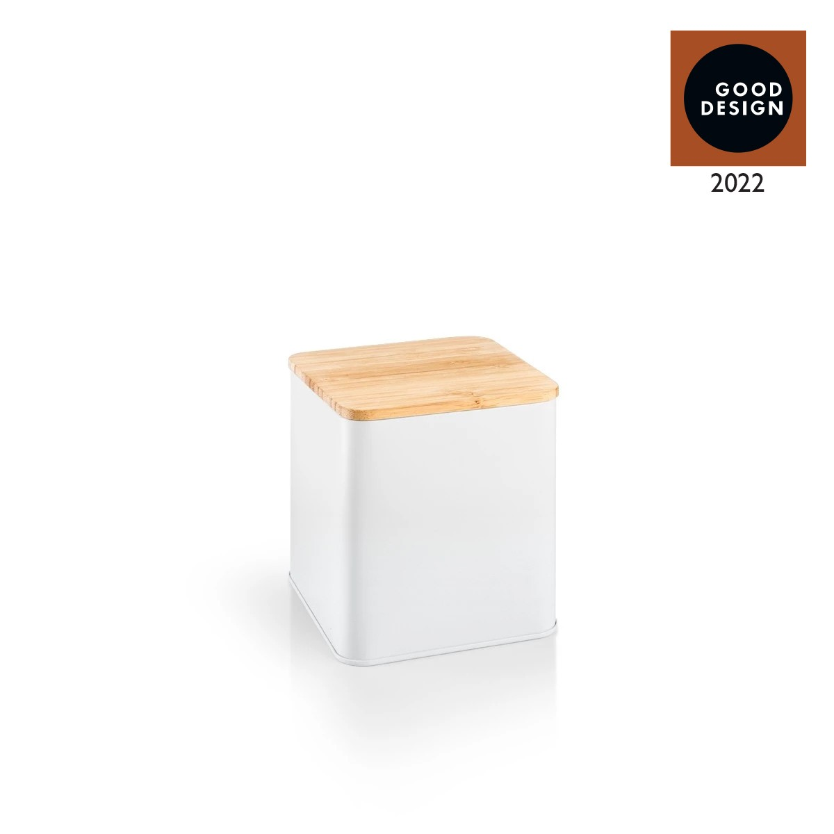 Ein weißer quadratischer Behälter mit Holzdeckel. Ein Good Design Award Logo befindet sich oben rechts.