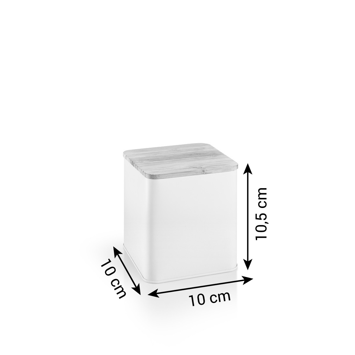 Ein weißer quadratischer Behälter mit Holzdeckel. Abmessungen sind 10x10x10,5 cm. Der Hintergrund ist weiß.