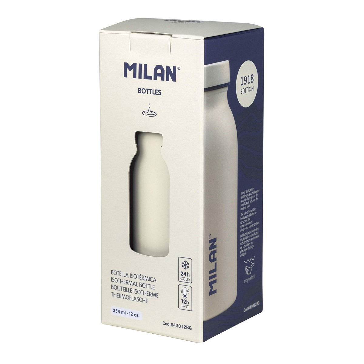 Eine weiße Milan-Thermosflasche in einer weißen Schachtel. Die Schachtel hat einen Ausschnitt, der die Flaschenform zeigt.