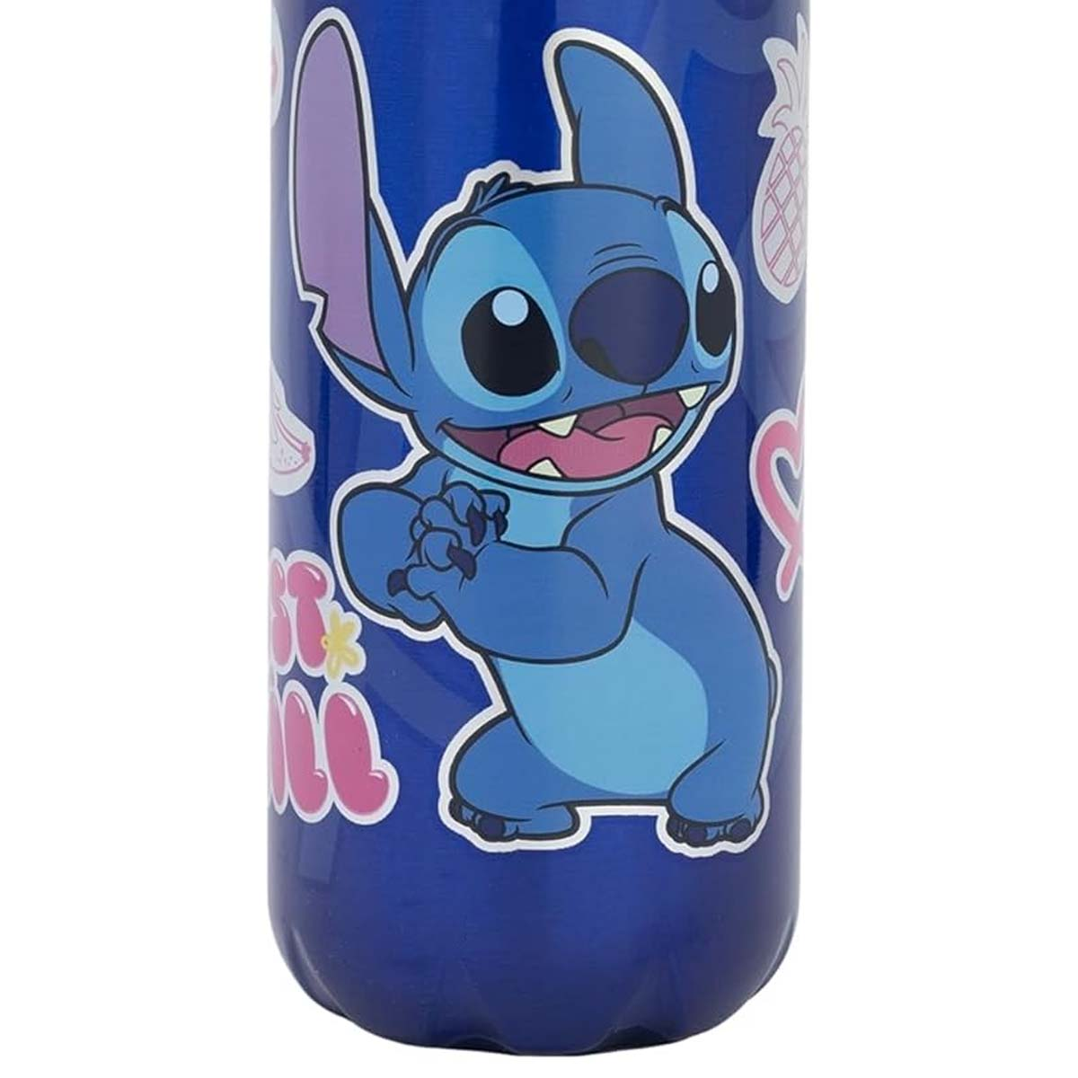 Eine blaue Wasserflasche mit einer Stitch-Cartoonfigur darauf. Stitch lächelt mit verschränkten Armen.