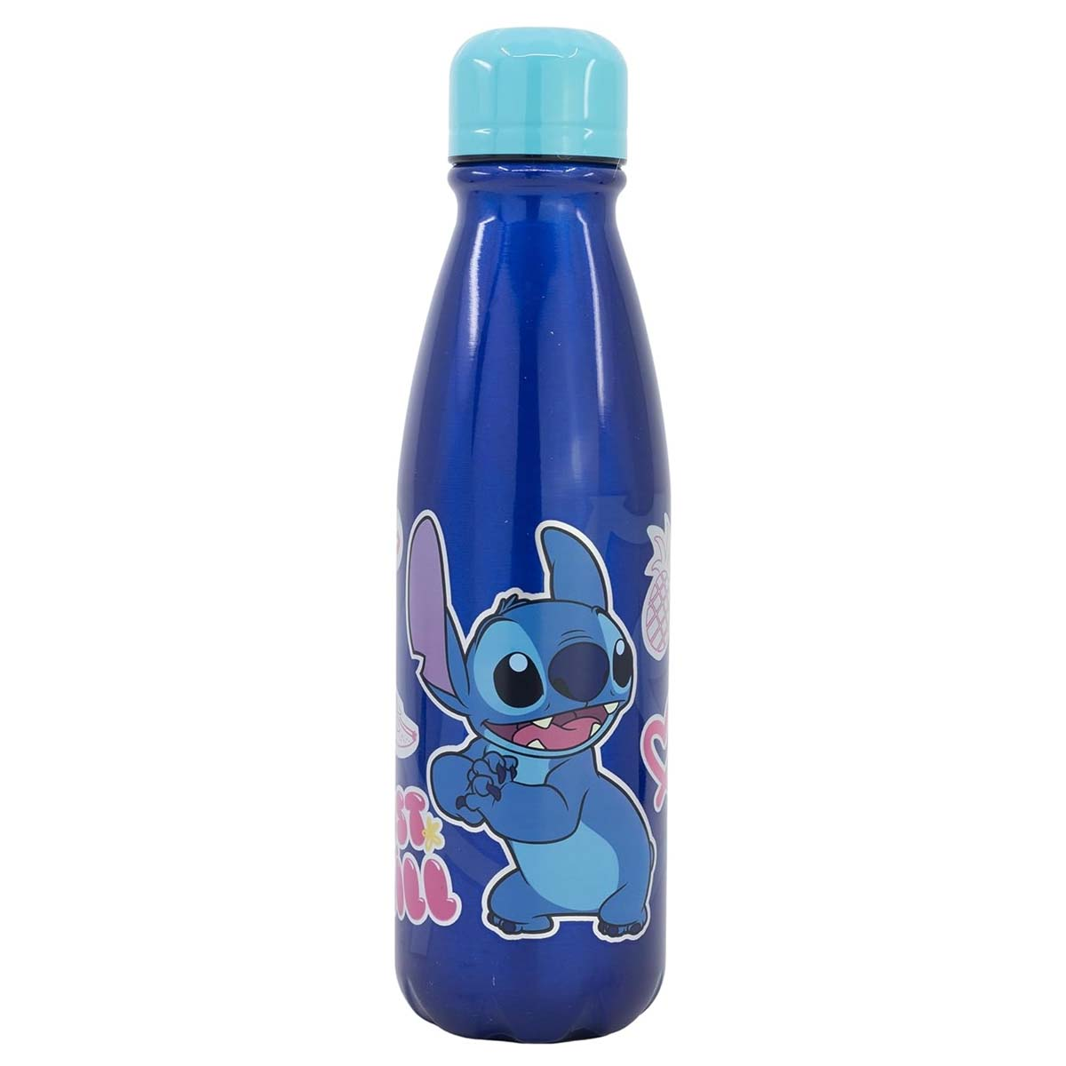 Eine blaue Wasserflasche mit hellblauem Deckel. Es hat einen Stitch-Cartoon-Charakter-Aufkleber.