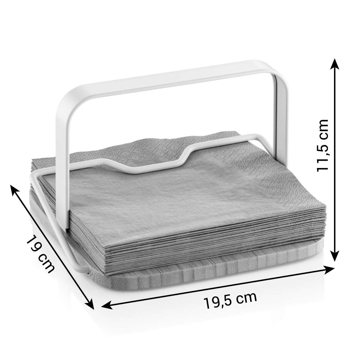 Ein weißer Serviettenhalter mit grauen Servietten. Abmessungen sind 19 x 19,5 x 11,5 cm. Der Hintergrund ist weiß.