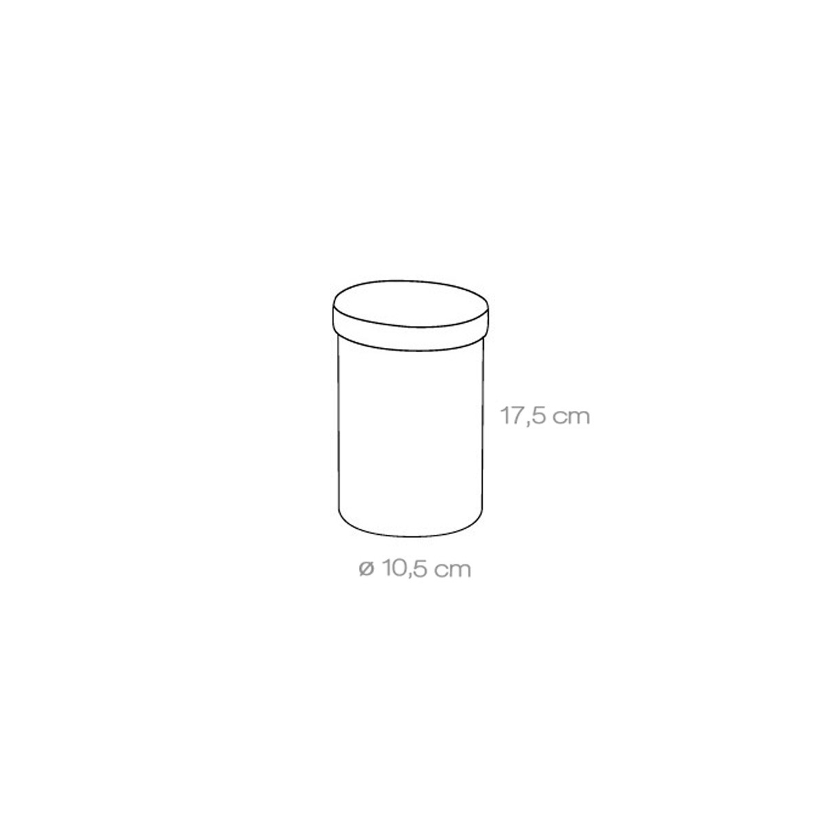 Disegno a tratto di un contenitore cilindrico con coperchio. Dimensioni: 17,5 cm di altezza, 10,5 cm di diametro. Sfondo bianco.