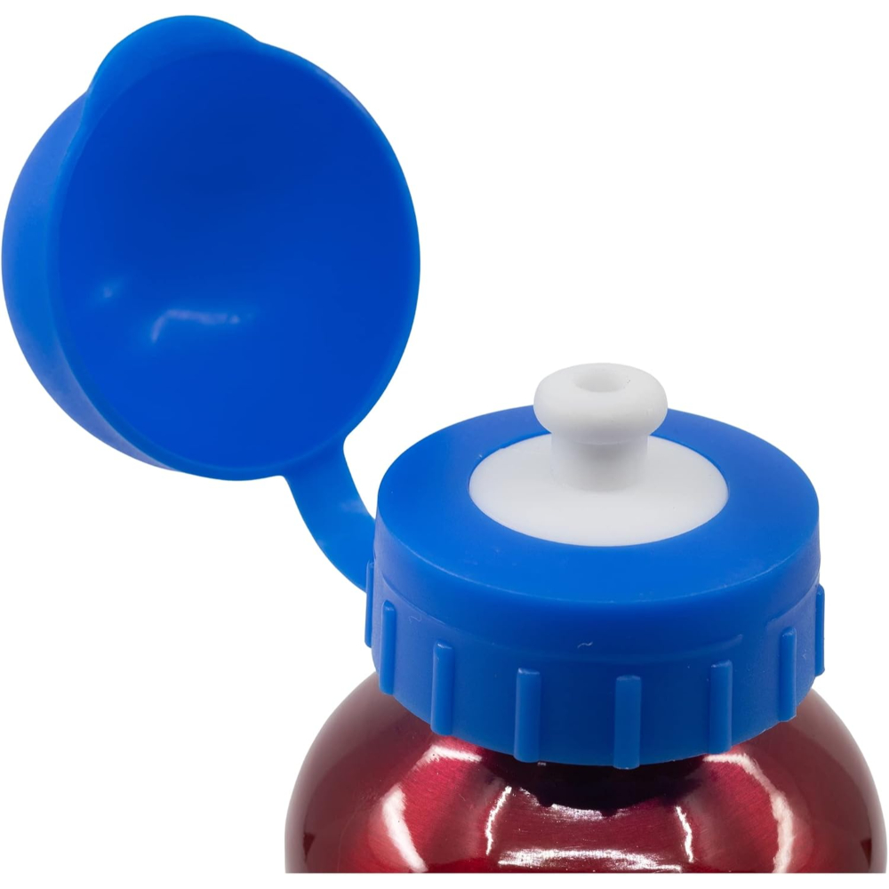 Nahaufnahme einer roten Wasserflasche mit offenem blauen Deckel. Der Deckel hat einen weißen Ausguss. Der Hintergrund ist weiß.