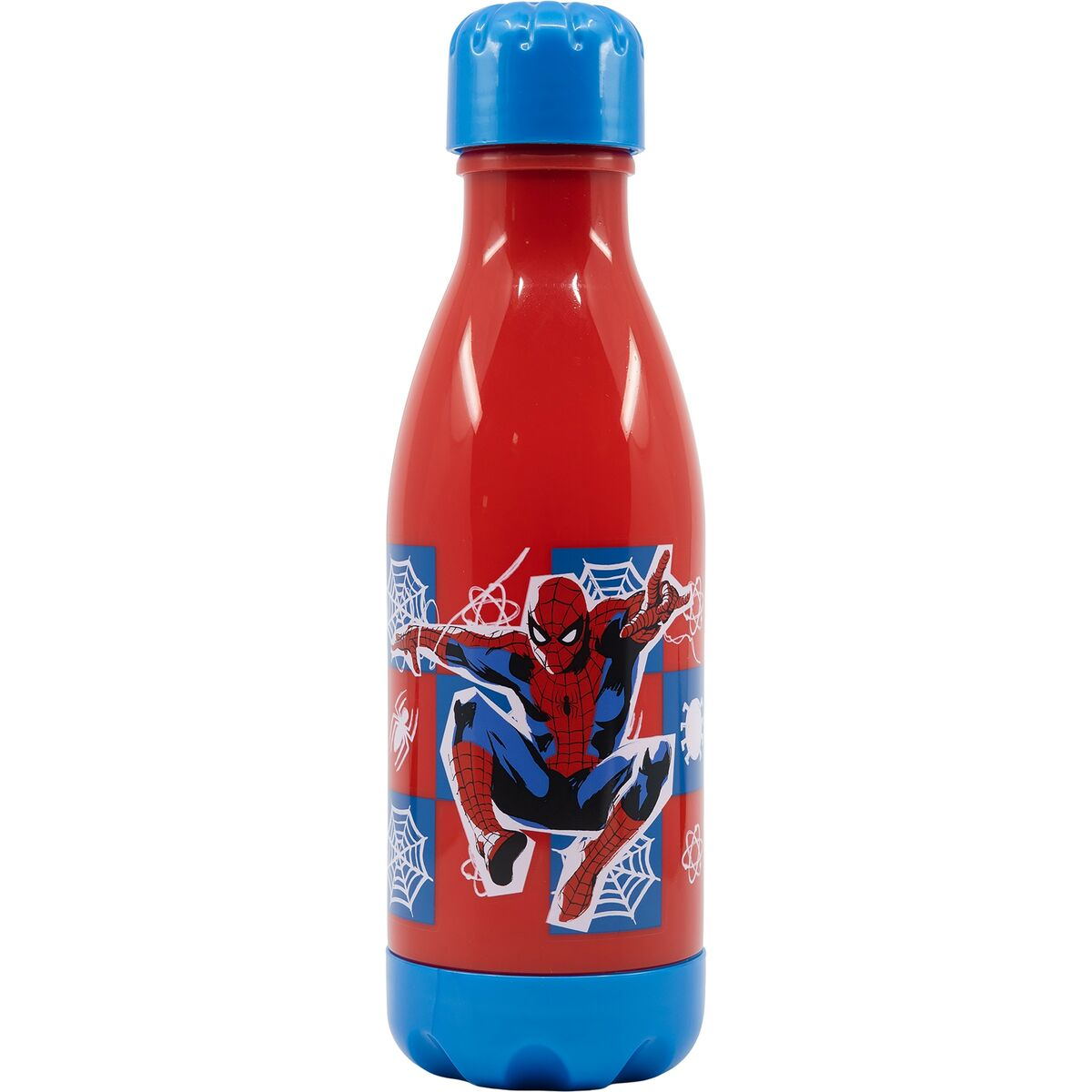 Eine rote Wasserflasche mit blauem Deckel und Boden. Sie zeigt Spider-Man in einer dynamischen Pose mit Spinnweben im Hintergrund.