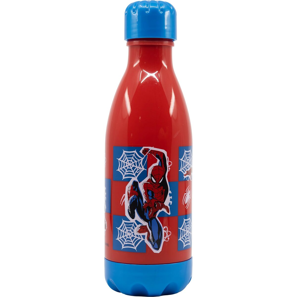 Eine rote Spider-Man-Wasserflasche mit blauem Deckel und Boden. Spider-Man- und Spinnennetz-Grafiken sind auf der Flasche.