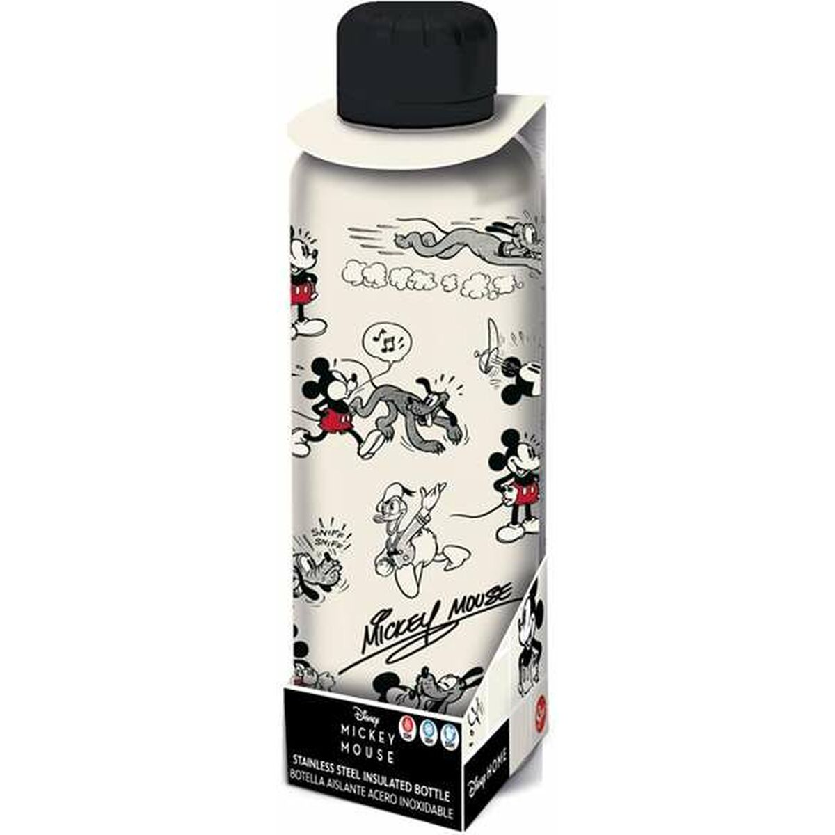 Mickey Mouse Wasserflasche mit schwarzem Deckel. Die Flasche hat Disney-Charaktere in Schwarz und Weiß.