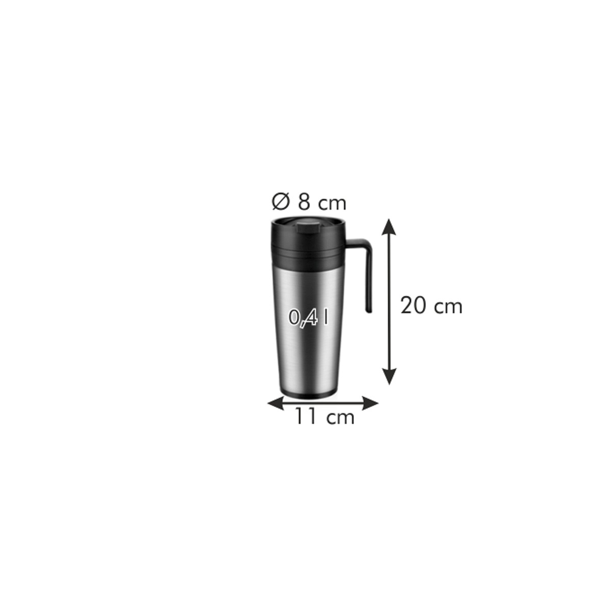Ein metallener Reisebecher mit schwarzem Deckel und Griff, Abmessungen sind angegeben. Er misst 20 cm hoch, 11 cm breit und 8 cm im Durchmesser.
